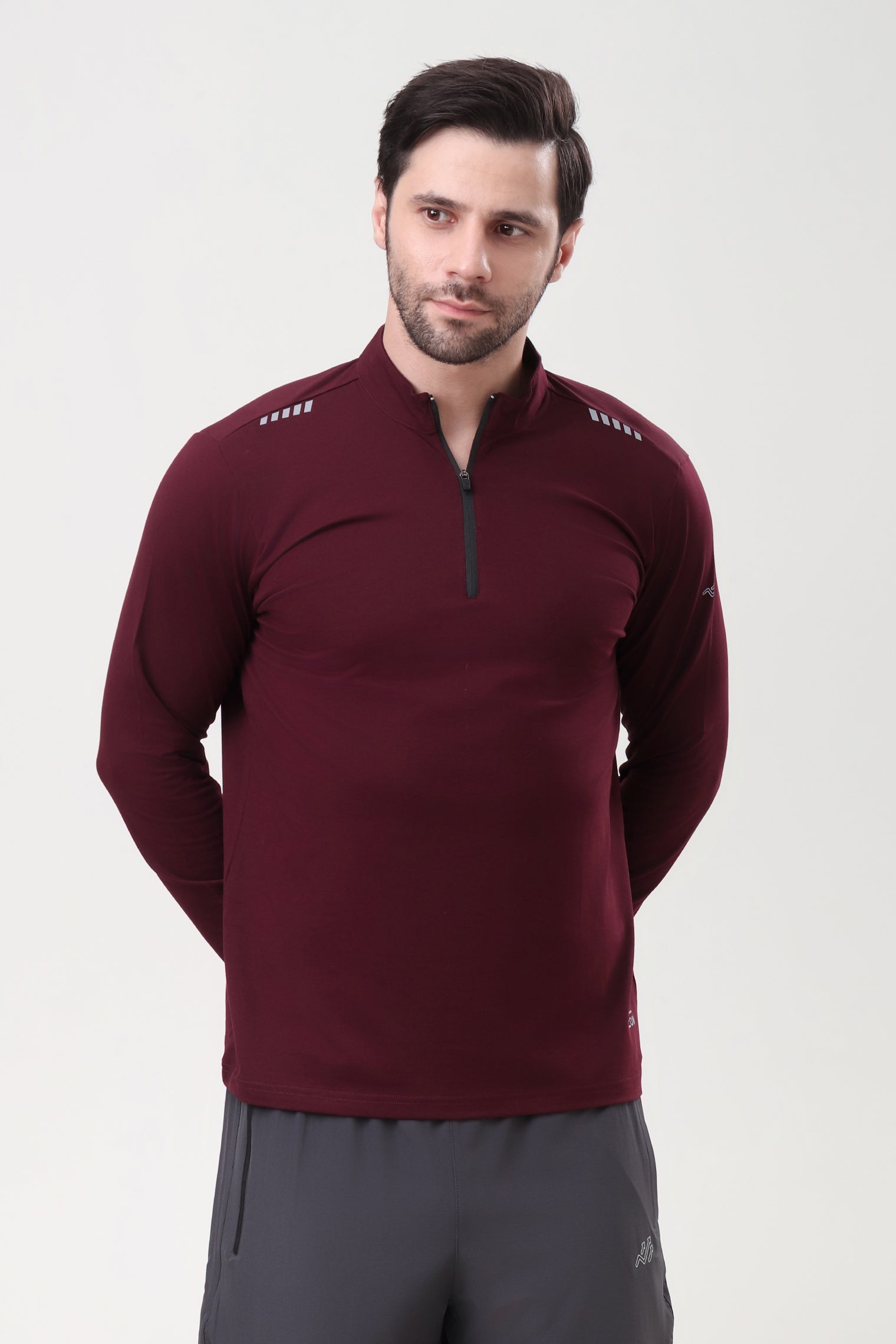 Quarter Zip Solid Full Sleeve T-Shirt (Cotton Feel) Wine