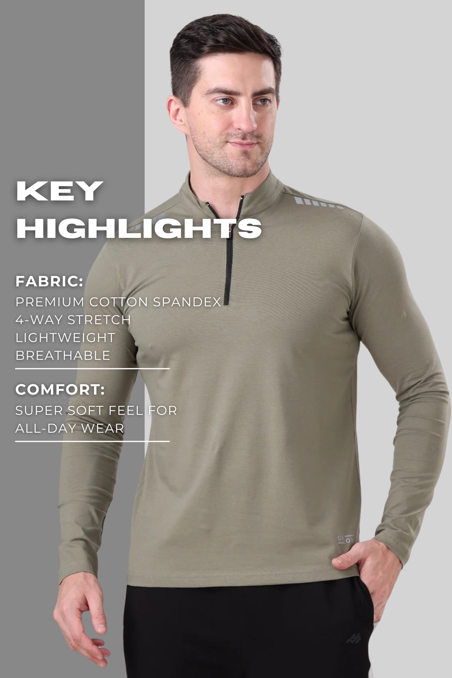 Quarter Zip Solid Full Sleeve T-Shirt (Cotton Feel) Mid Grey