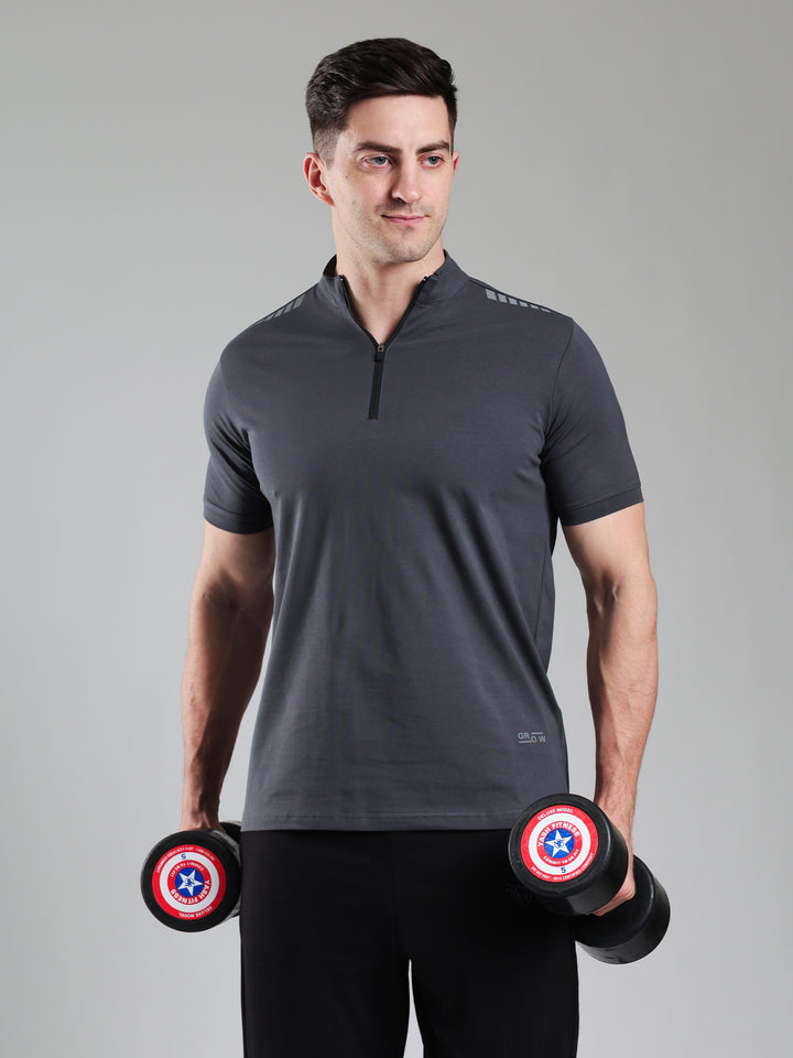 Quarter Zip Solid Half Sleeves Tshirt Dark Grey