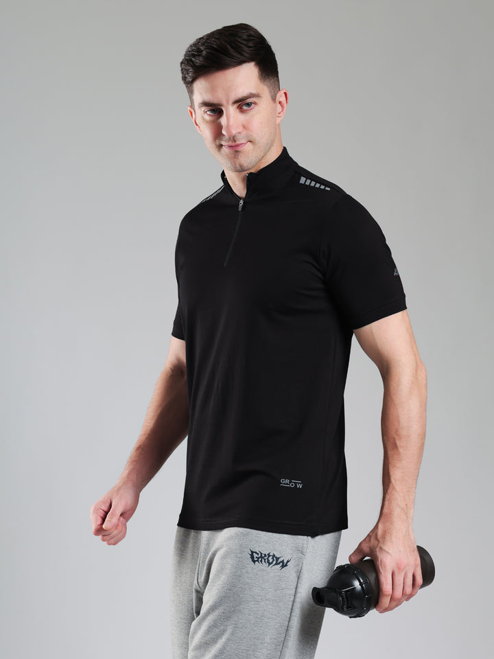 Quarter Zip Solid Half Sleeves Tshirt Black