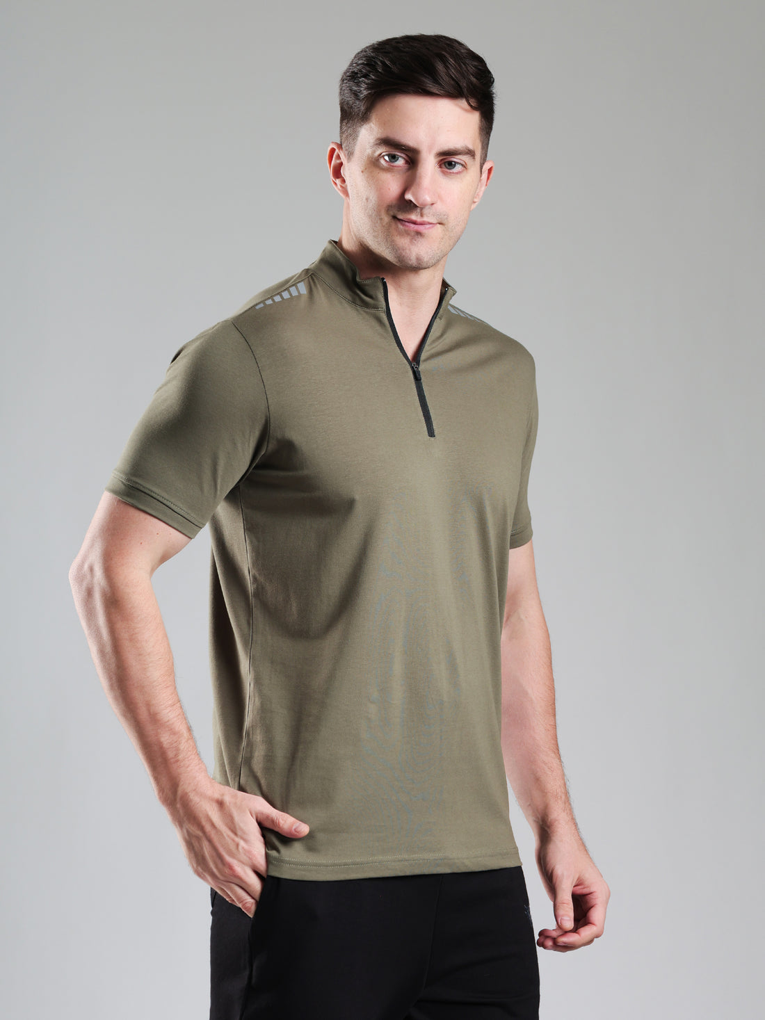 Quarter Zip Solid Half Sleeves Tshirt Mid Grey