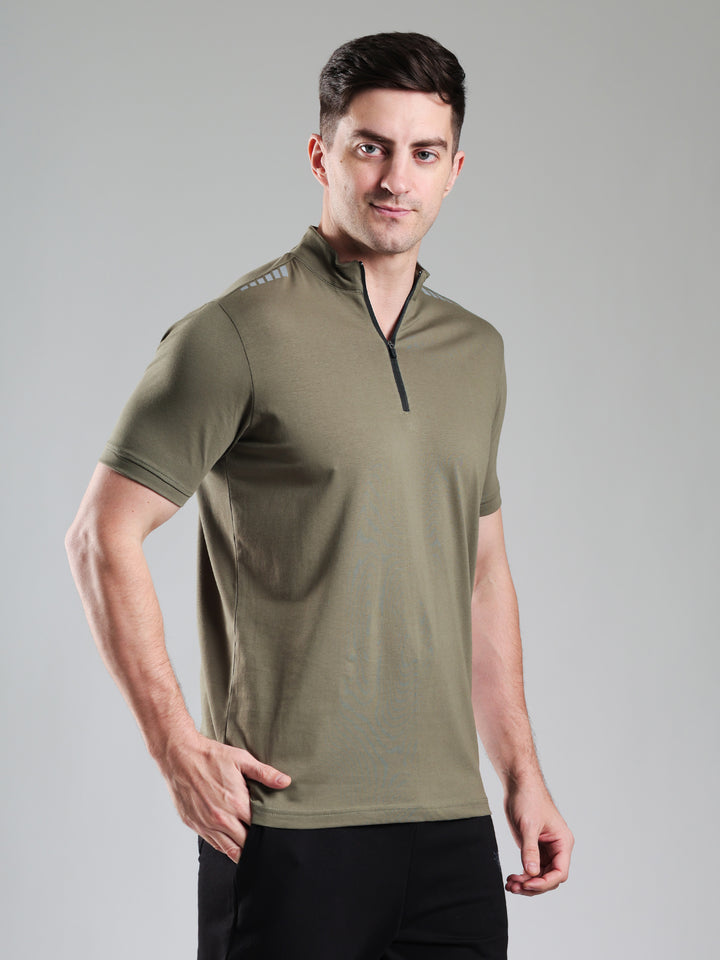 Quarter Zip Solid Half Sleeves Tshirt Mid Grey