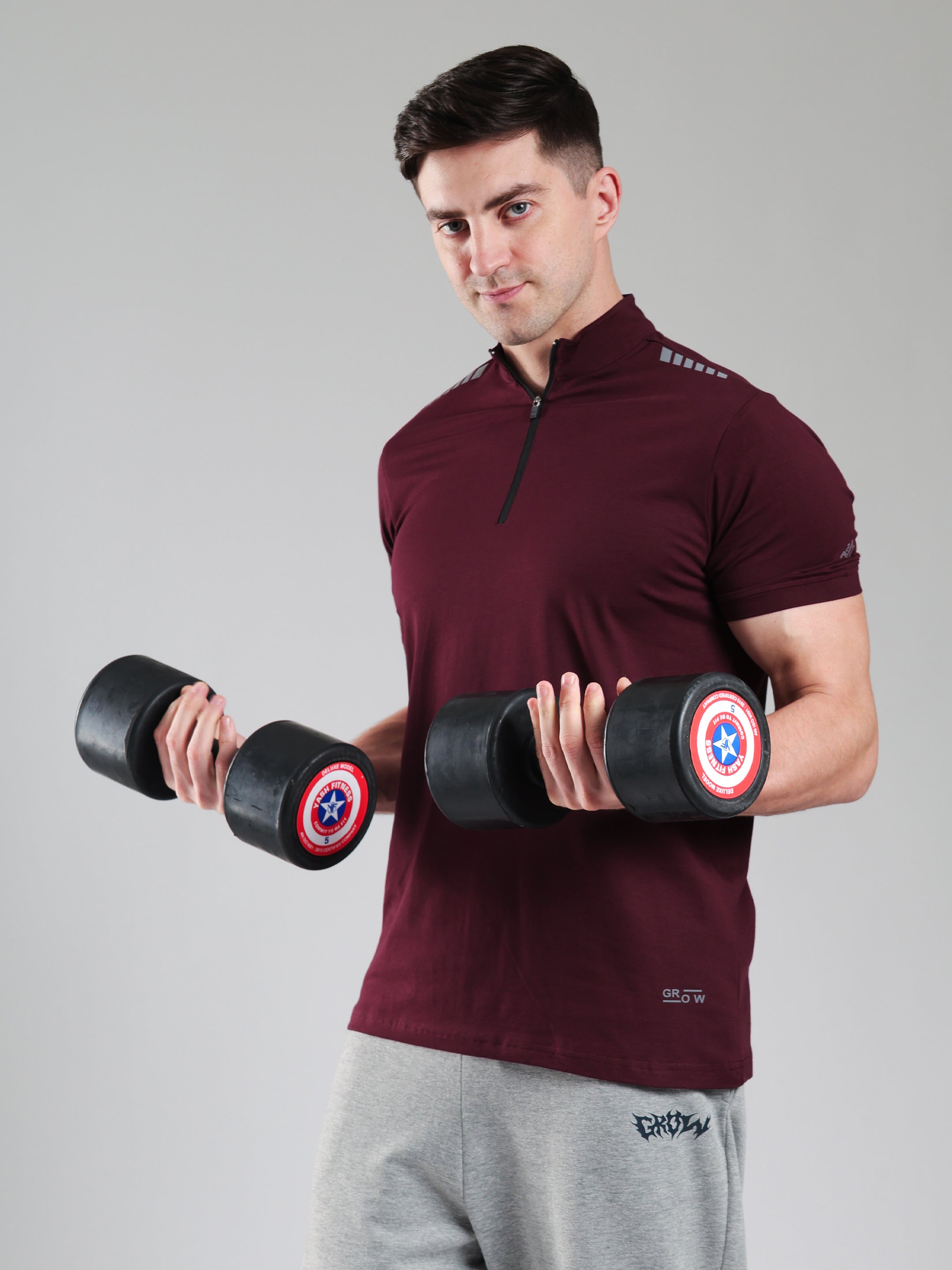 Quarter Zip Solid Half Sleeves Tshirt Wine