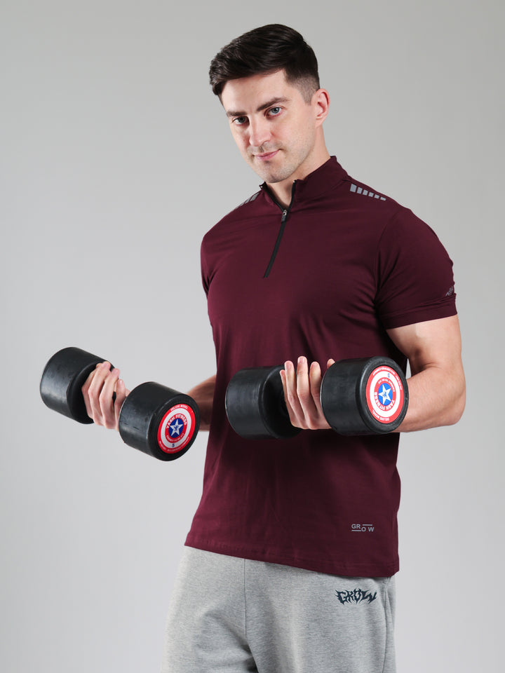 Quarter Zip Solid Half Sleeves Tshirt Wine