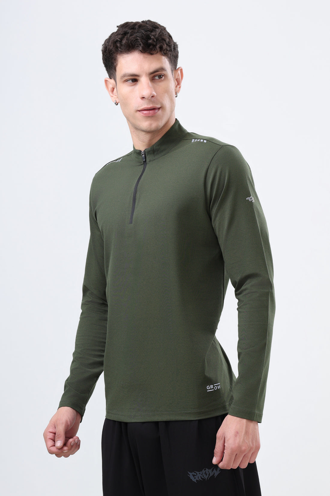 Quarter Zip Solid Full Sleeve T-Shirt (Cotton Feel) Olive