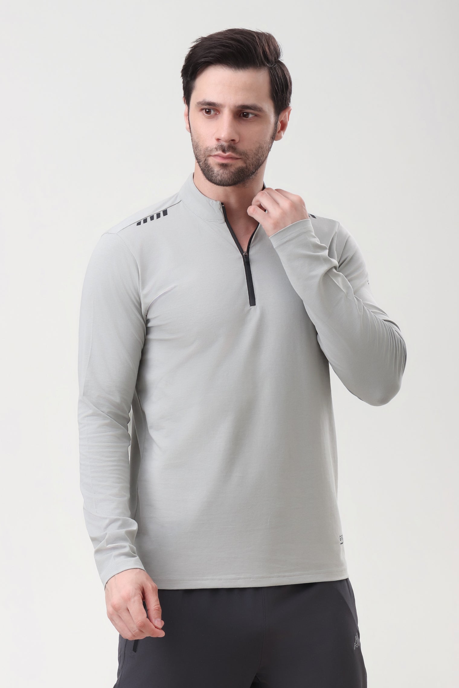 Quarter Zip Solid Full Sleeve T-Shirt (Cotton Feel) Light Grey