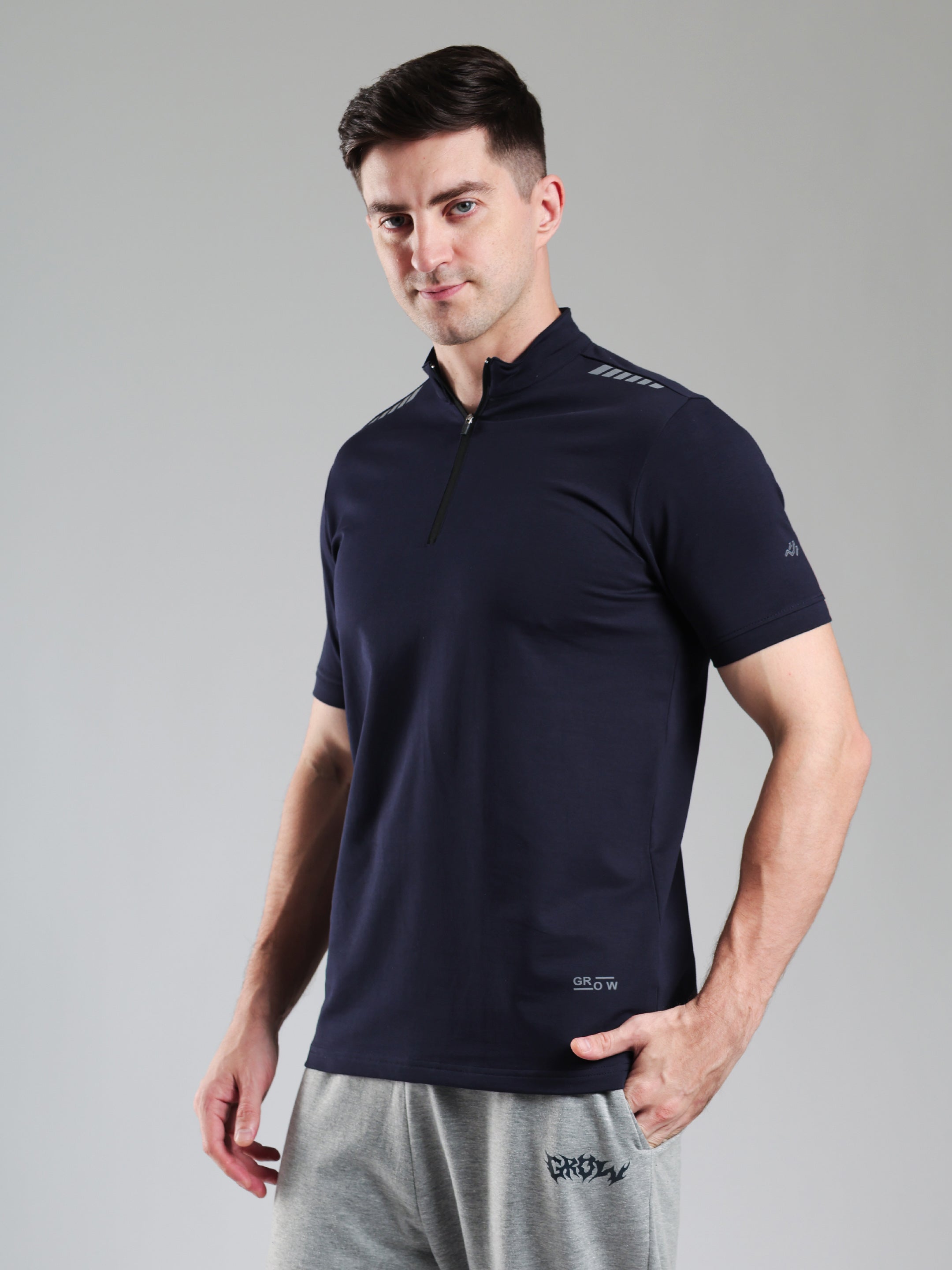 Quarter Zip Solid Half Sleeves Tshirt Navy