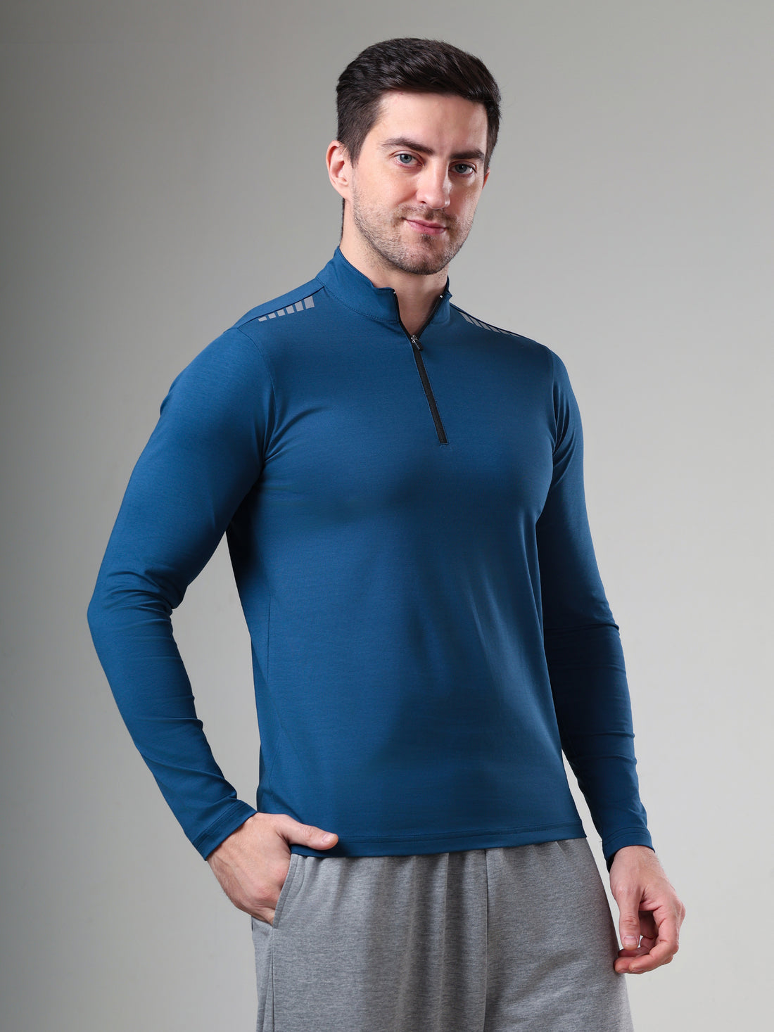 Quarter Zip Solid Full Sleeve T-Shirt (Cotton Feel) Airforce