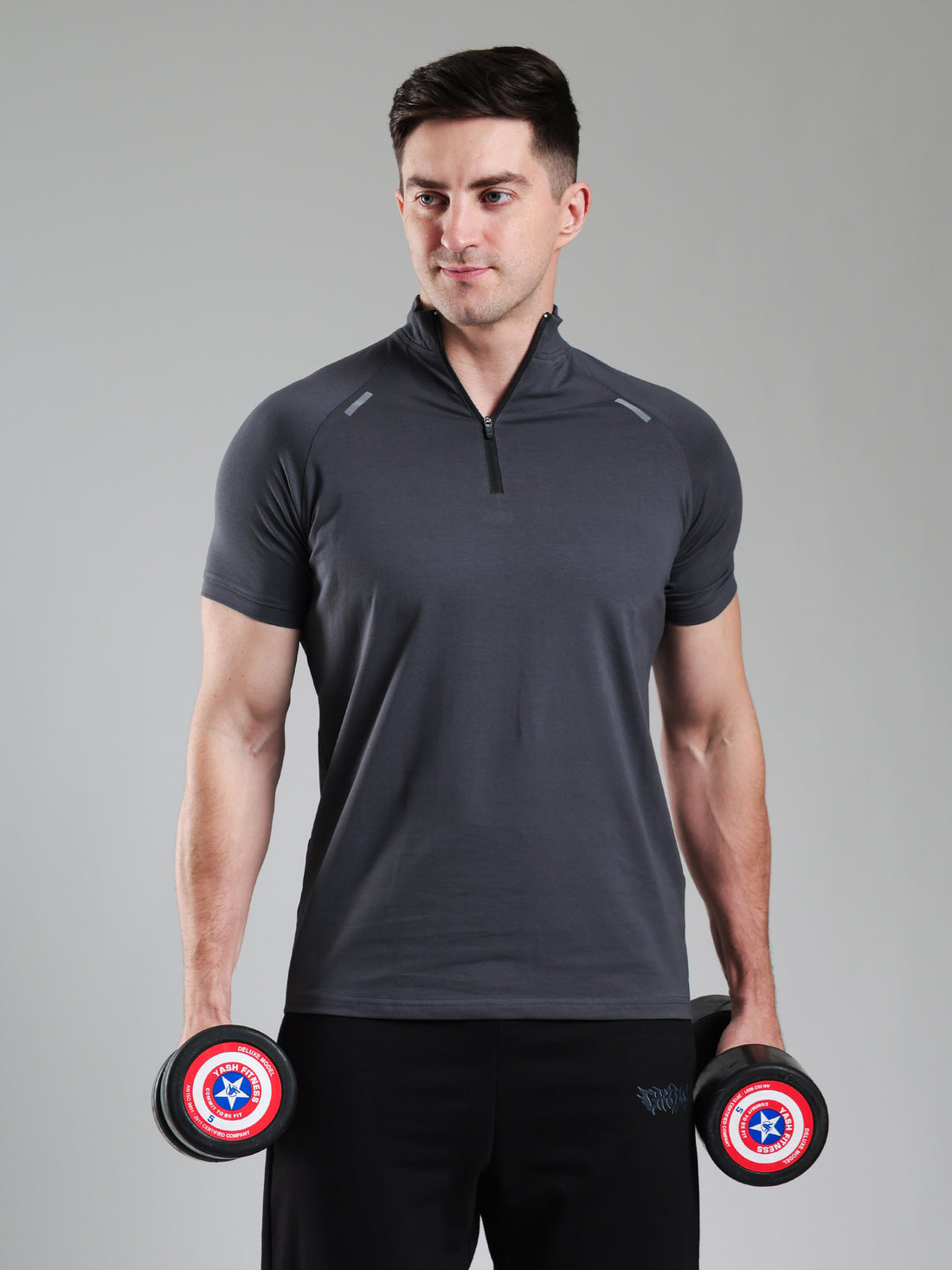 Raglan Quarter Zip Half Sleeves Tshirt Dark Grey