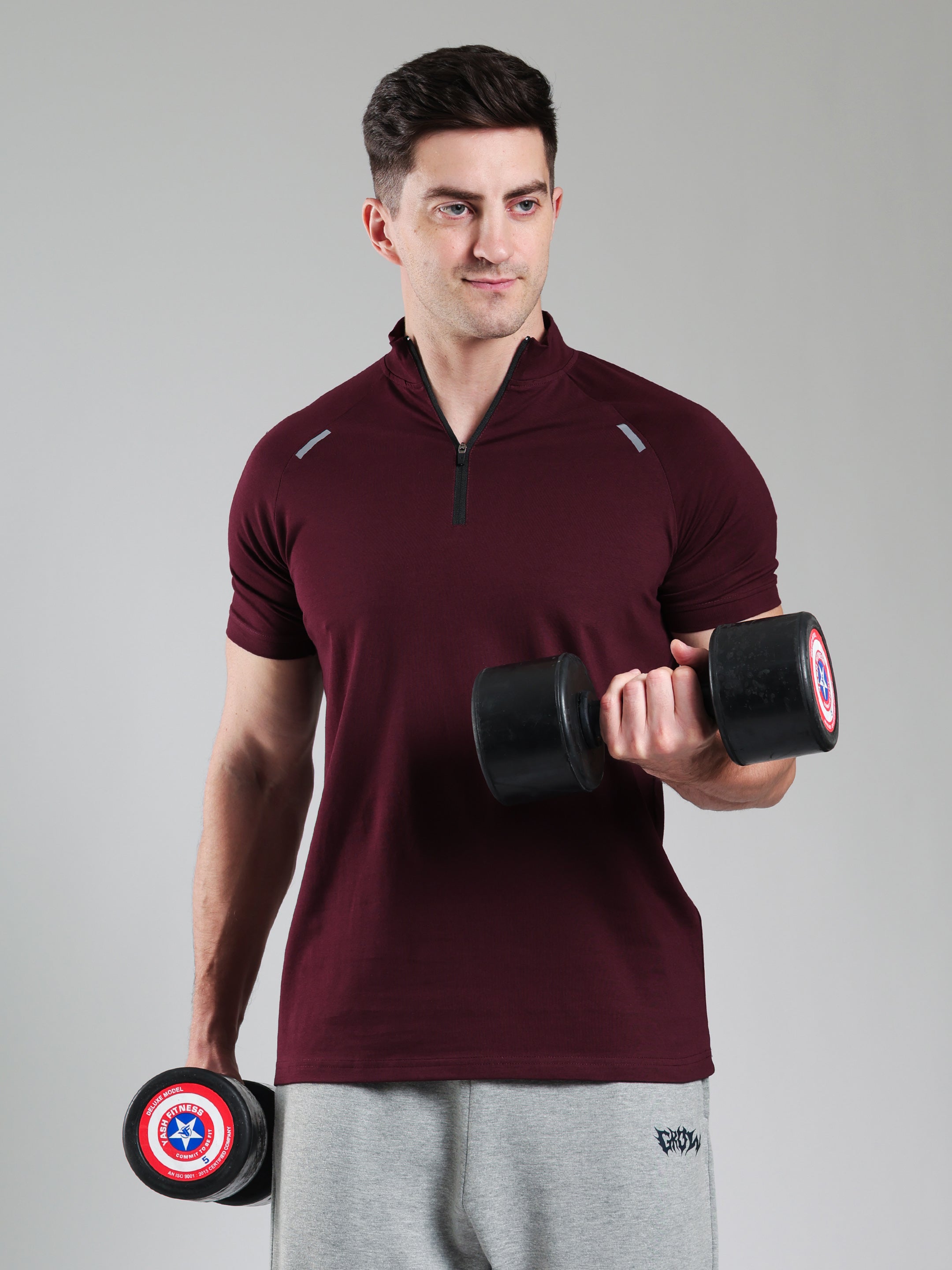 Raglan Quarter Zip Half Sleeves Tshirt Wine