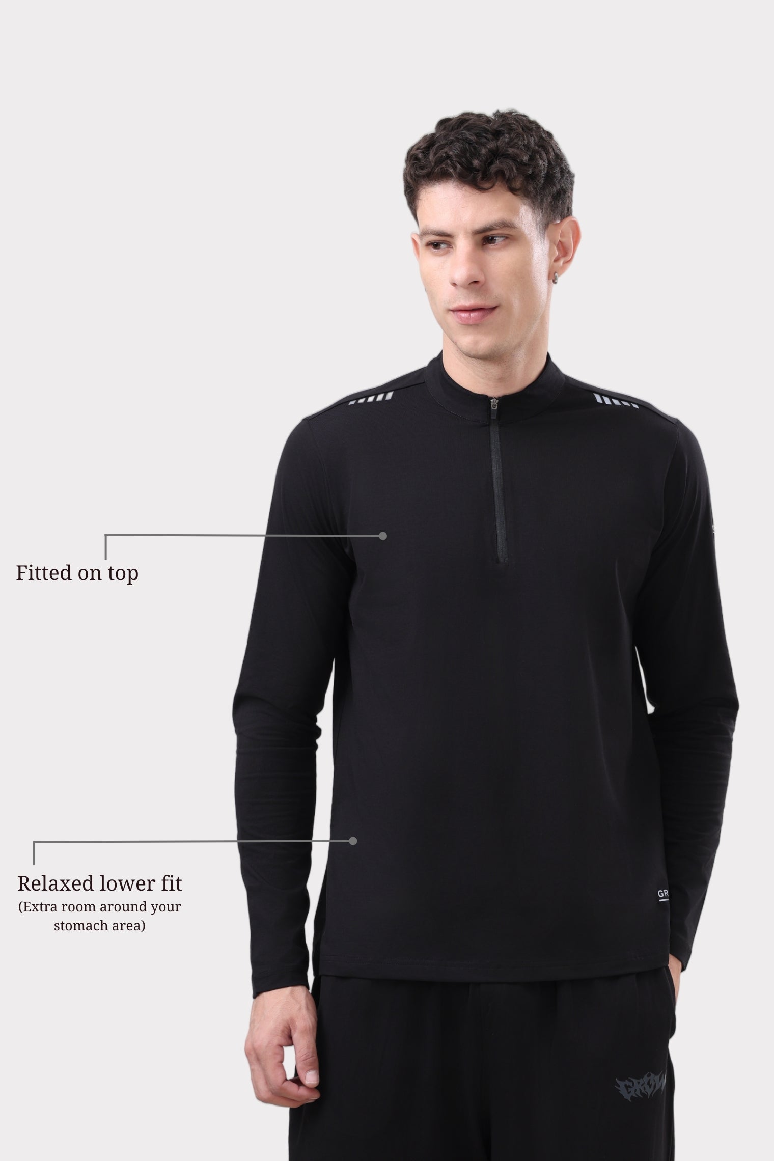 Quarter Zip Solid Full Sleeve T-Shirt (Cotton Feel) Black