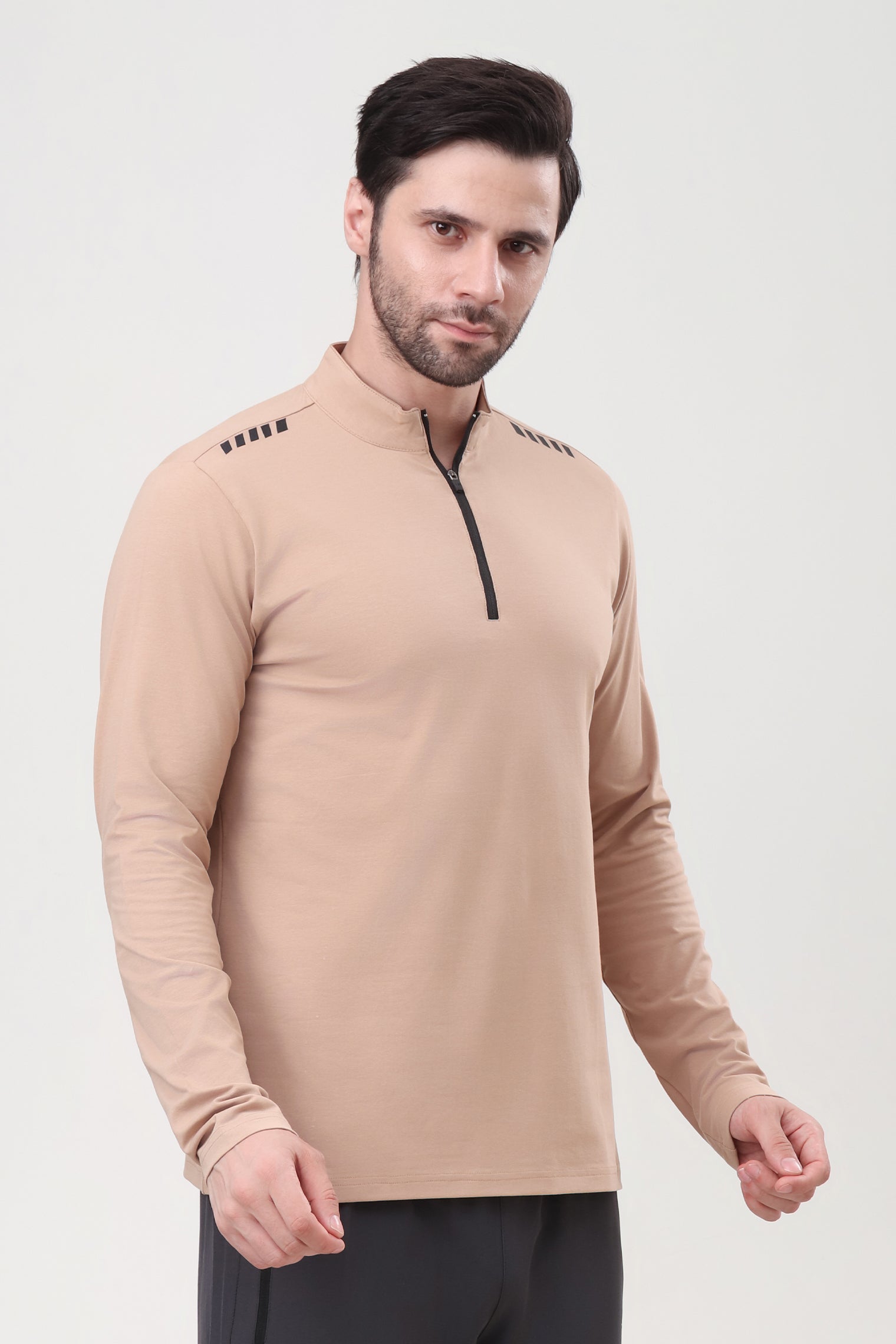 Quarter Zip Solid Full Sleeve T-Shirt (Cotton Feel) Skin