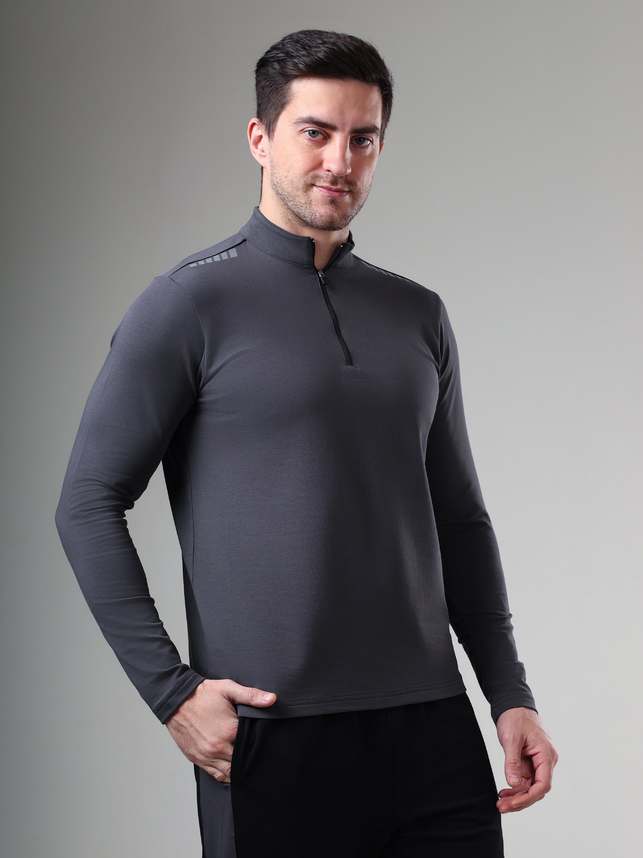 Quarter Zip Solid Full Sleeve T-Shirt (Cotton Feel) Dark Grey