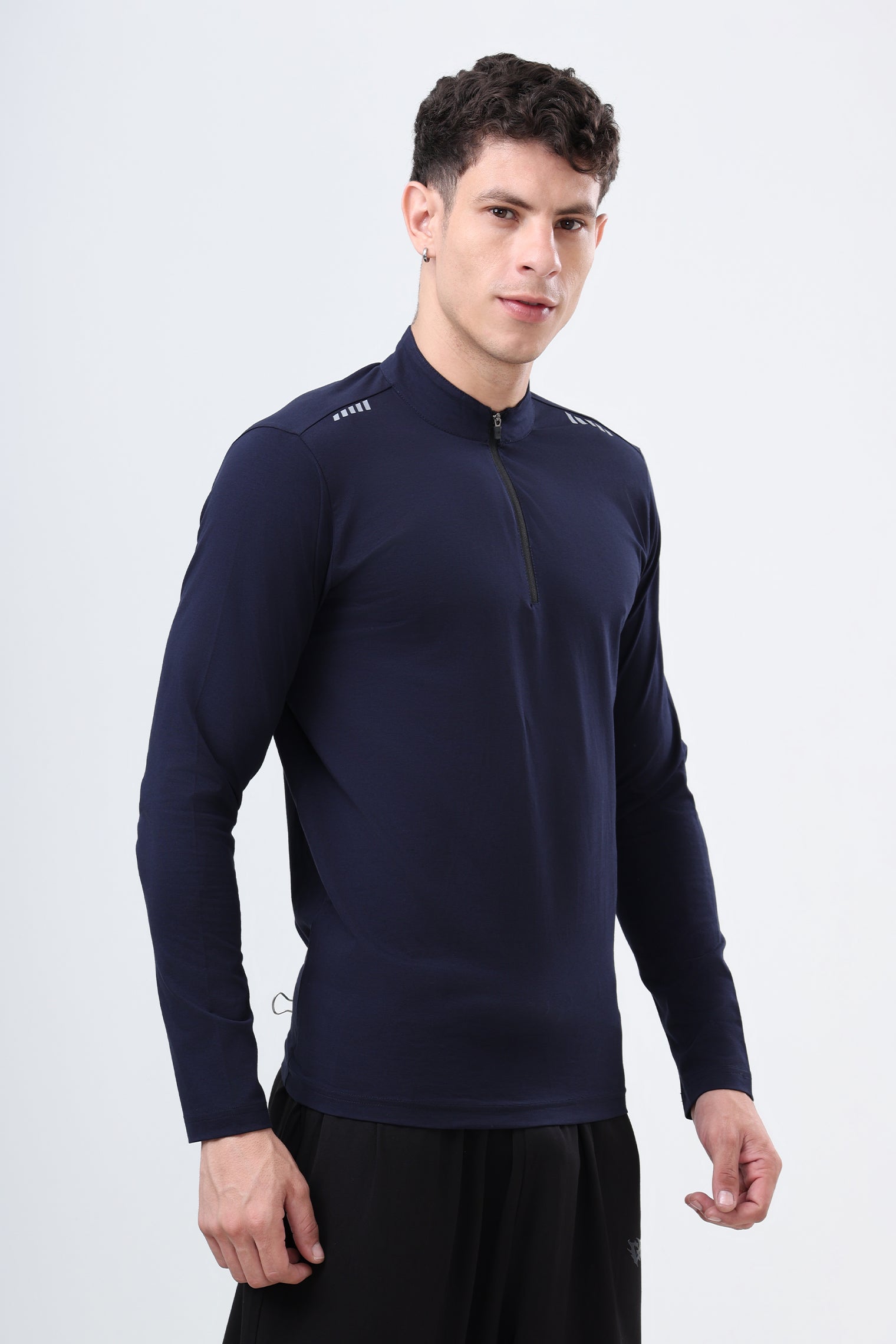 Quarter Zip Solid Full Sleeve T-Shirt (Cotton Feel) Navy