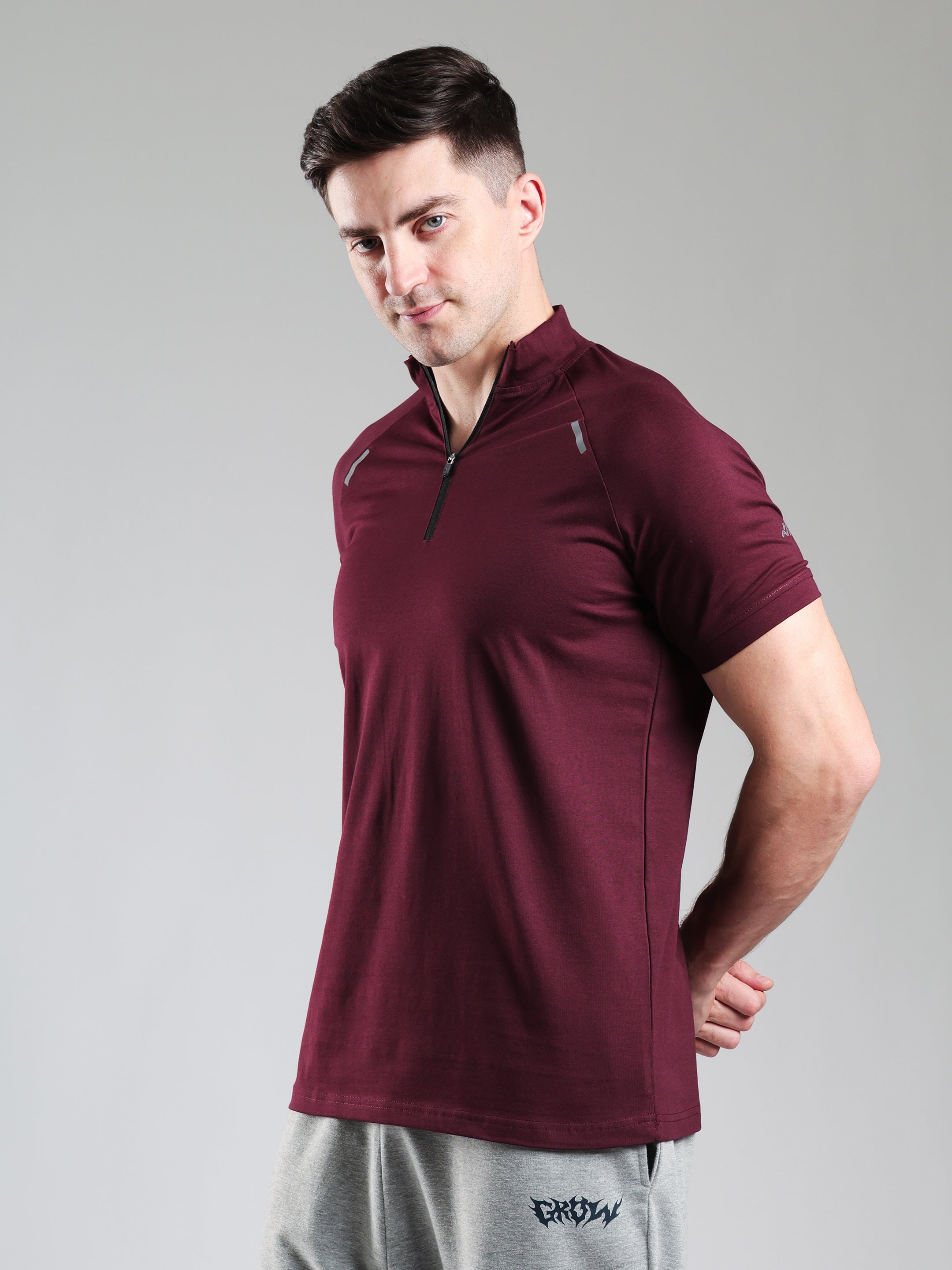 Raglan Quarter Zip Half Sleeves Tshirt Wine
