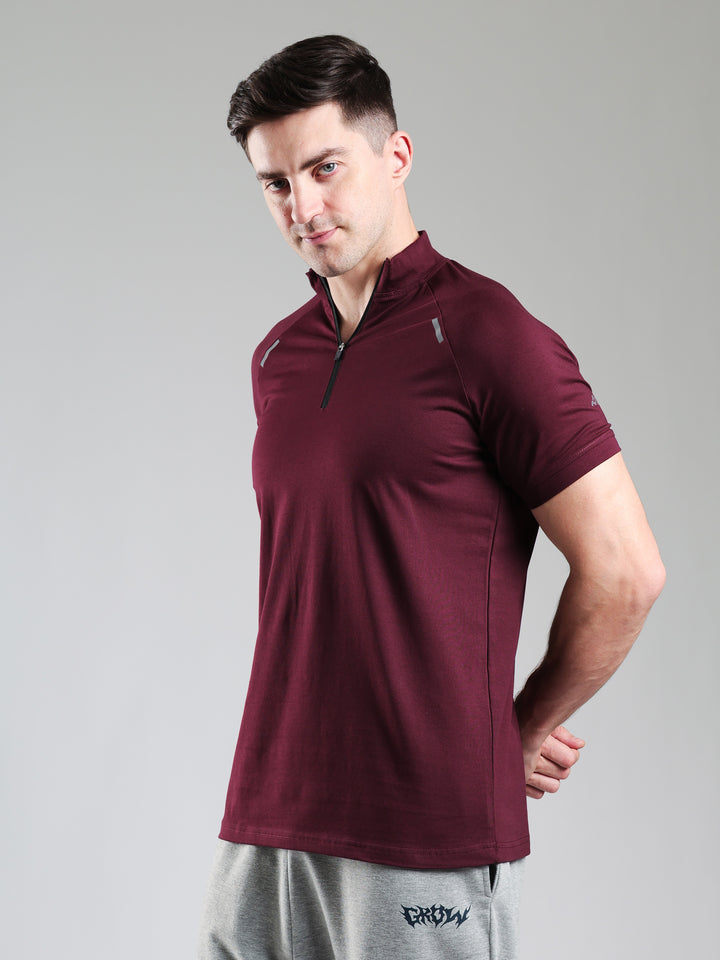 Raglan Quarter Zip Half Sleeves Tshirt Wine
