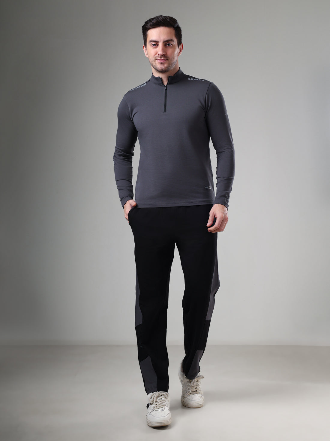 Quarter Zip Solid Full Sleeve T-Shirt (Cotton Feel) Dark Grey