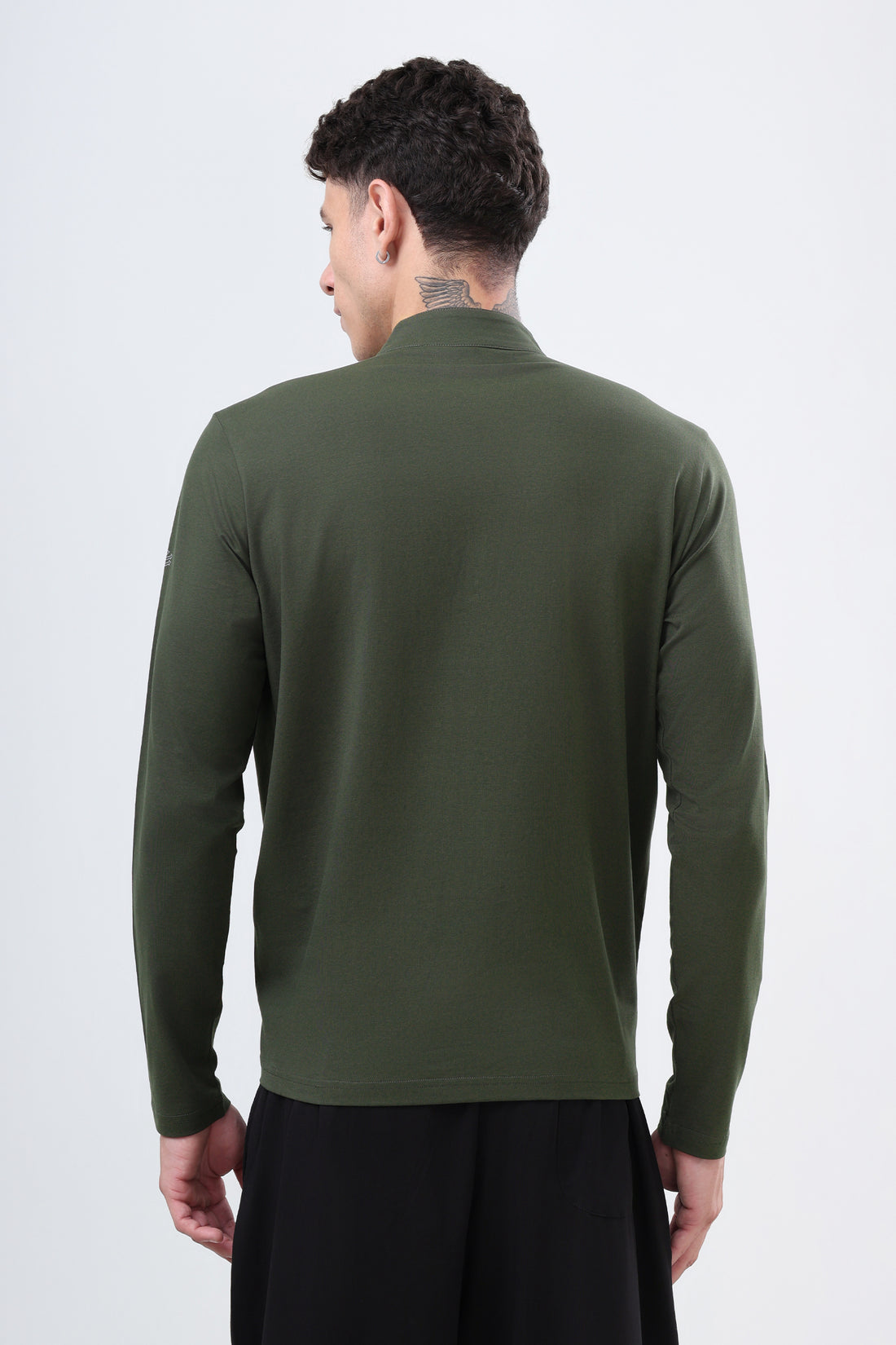 Quarter Zip Solid Full Sleeve T-Shirt (Cotton Feel) Olive