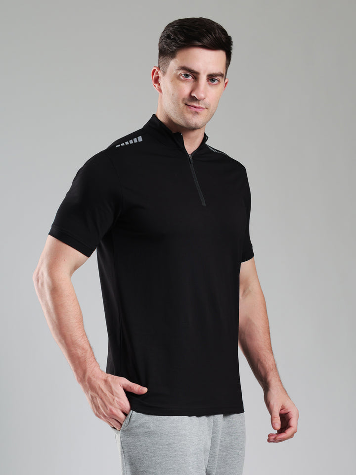 Quarter Zip Solid Half Sleeves Tshirt Black