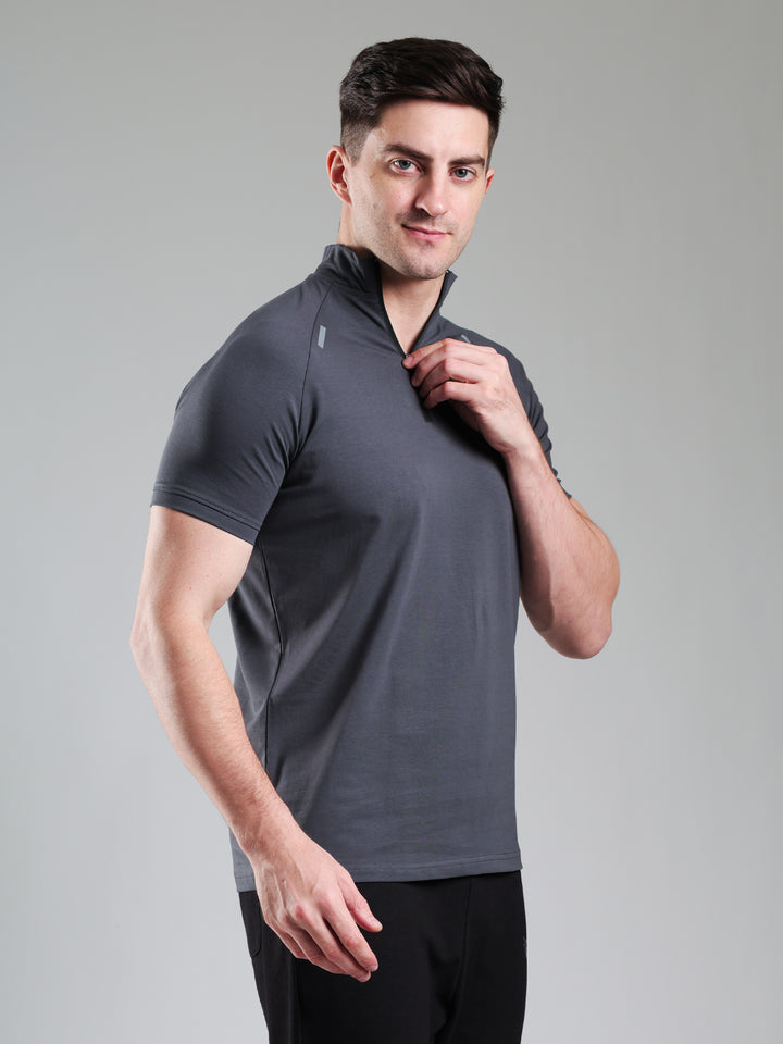 Raglan Quarter Zip Half Sleeves Tshirt Dark Grey