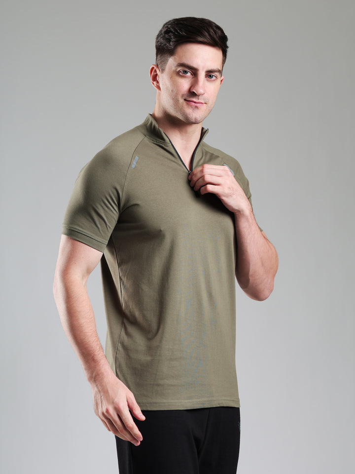 Raglan Quarter Zip Half Sleeves Tshirt Mid Grey