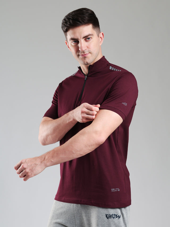 Quarter Zip Solid Half Sleeves Tshirt Wine