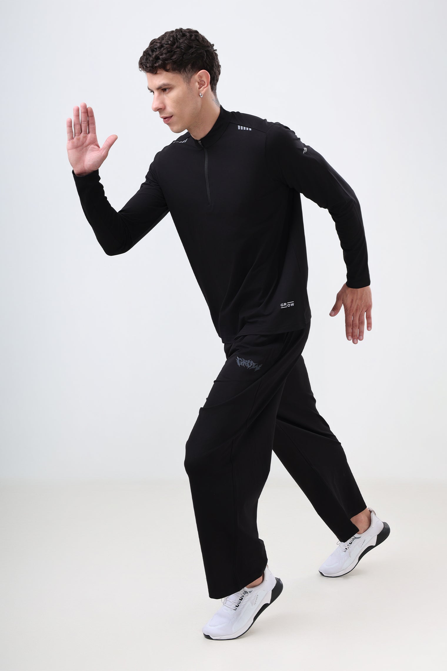 Quarter Zip Solid Full Sleeve T-Shirt (Cotton Feel) Black