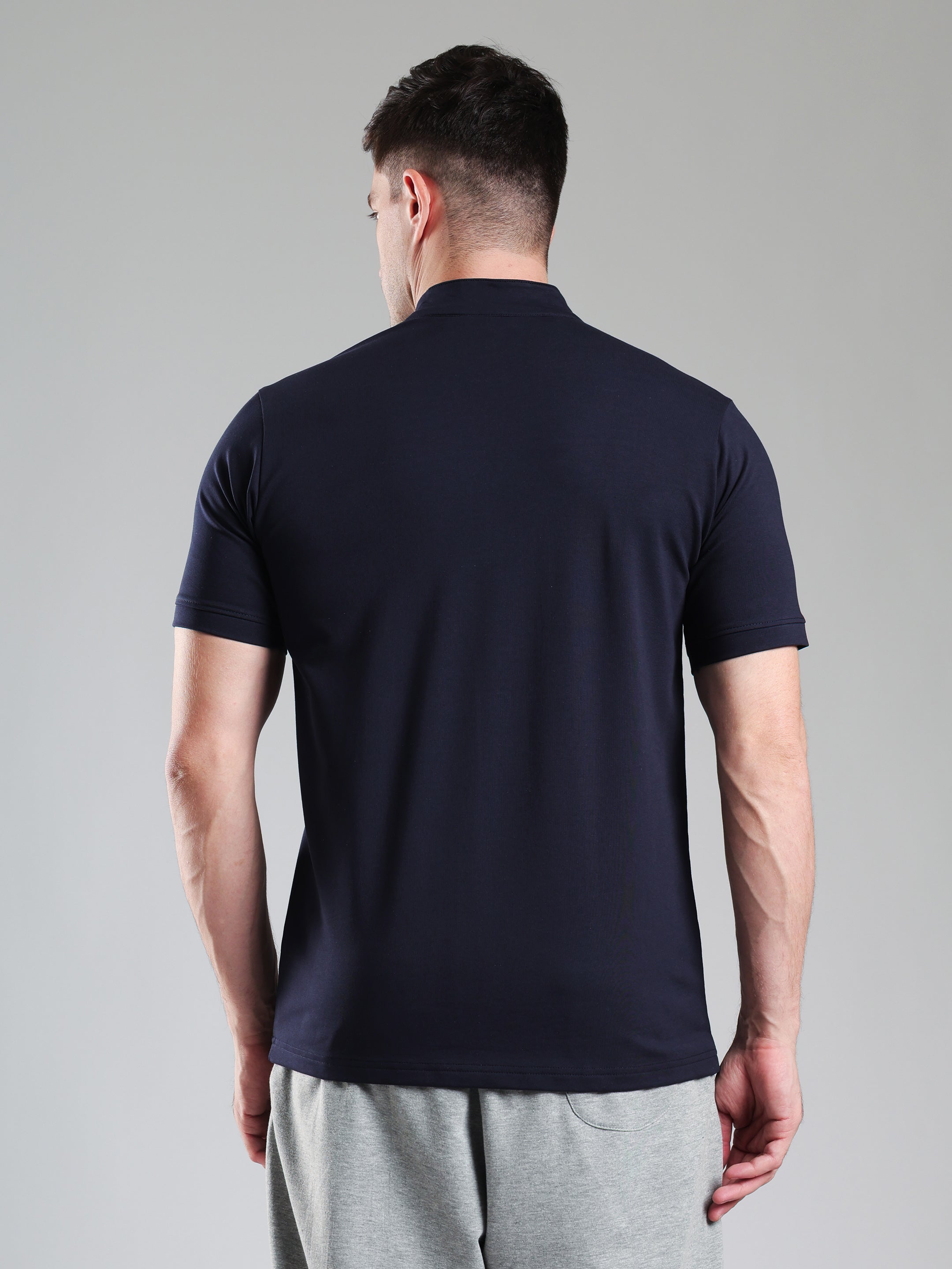 Quarter Zip Solid Half Sleeves Tshirt Navy