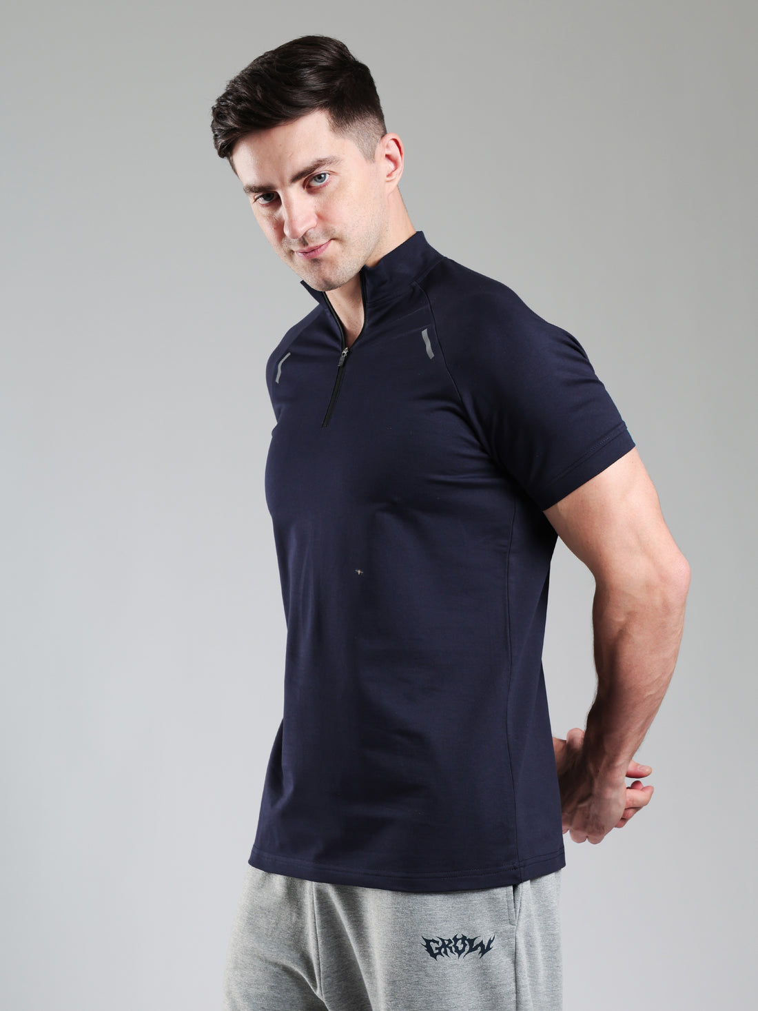 Raglan Quarter Zip Half Sleeves Tshirt Navy