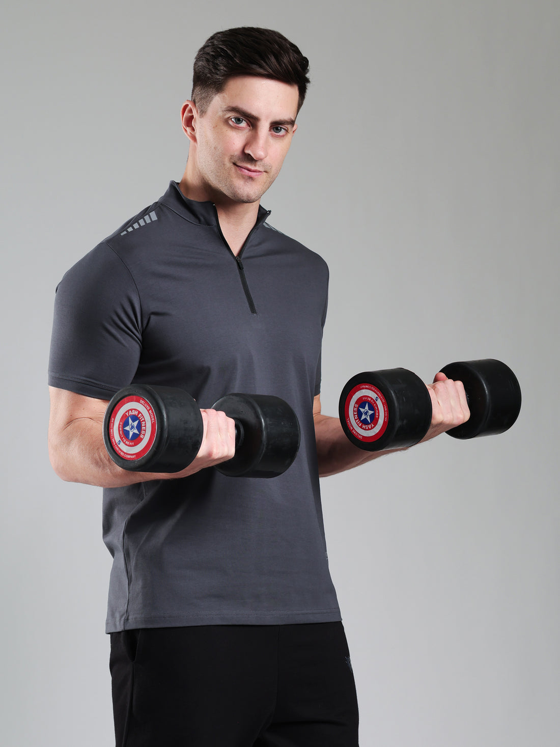 Quarter Zip Solid Half Sleeves Tshirt Dark Grey
