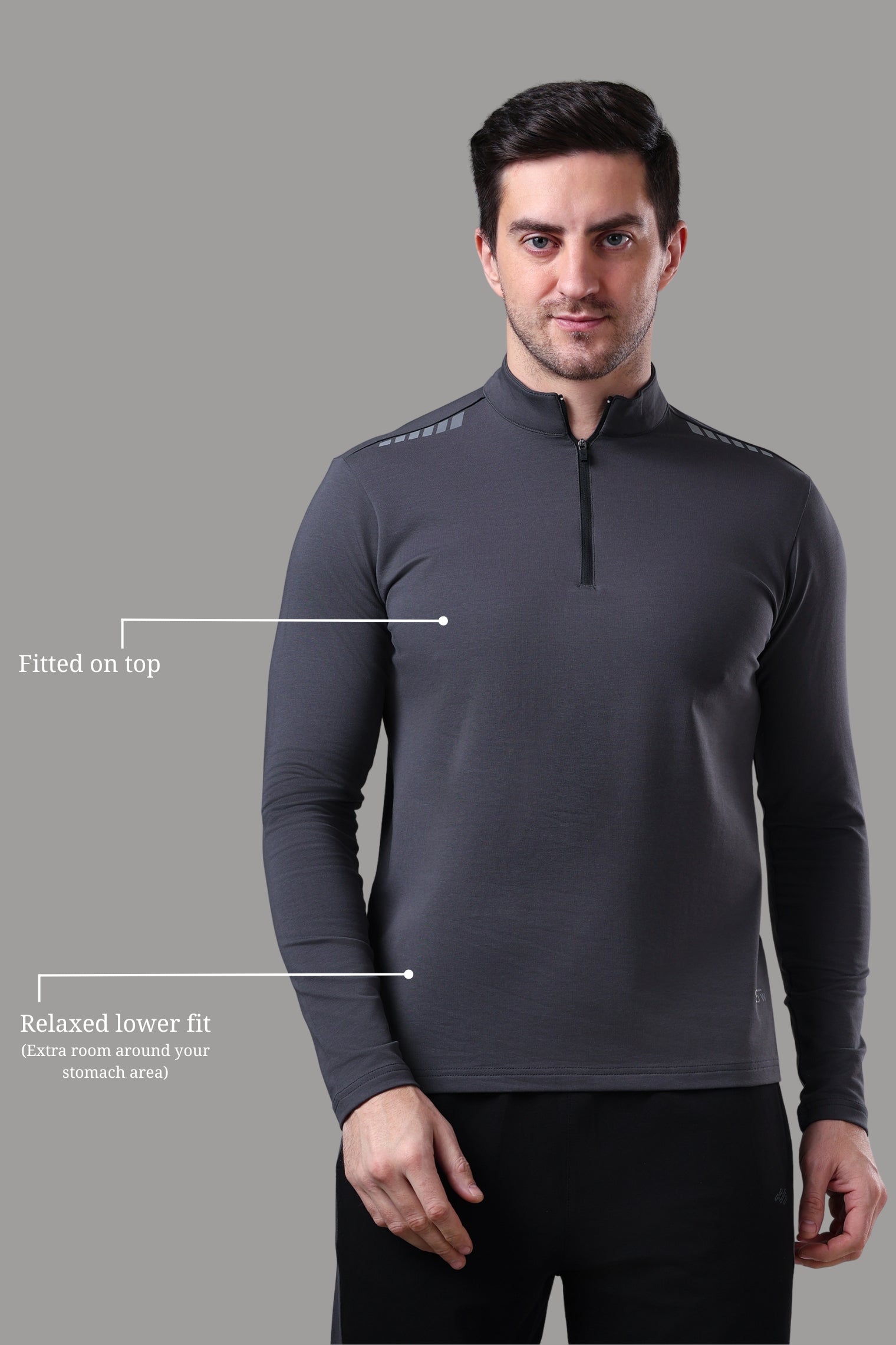 Quarter Zip Solid Full Sleeve T-Shirt (Cotton Feel) Dark Grey