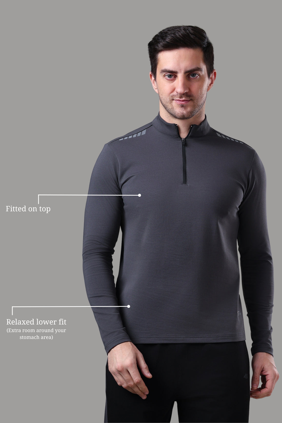 Quarter Zip Solid Full Sleeve T-Shirt (Cotton Feel) Dark Grey