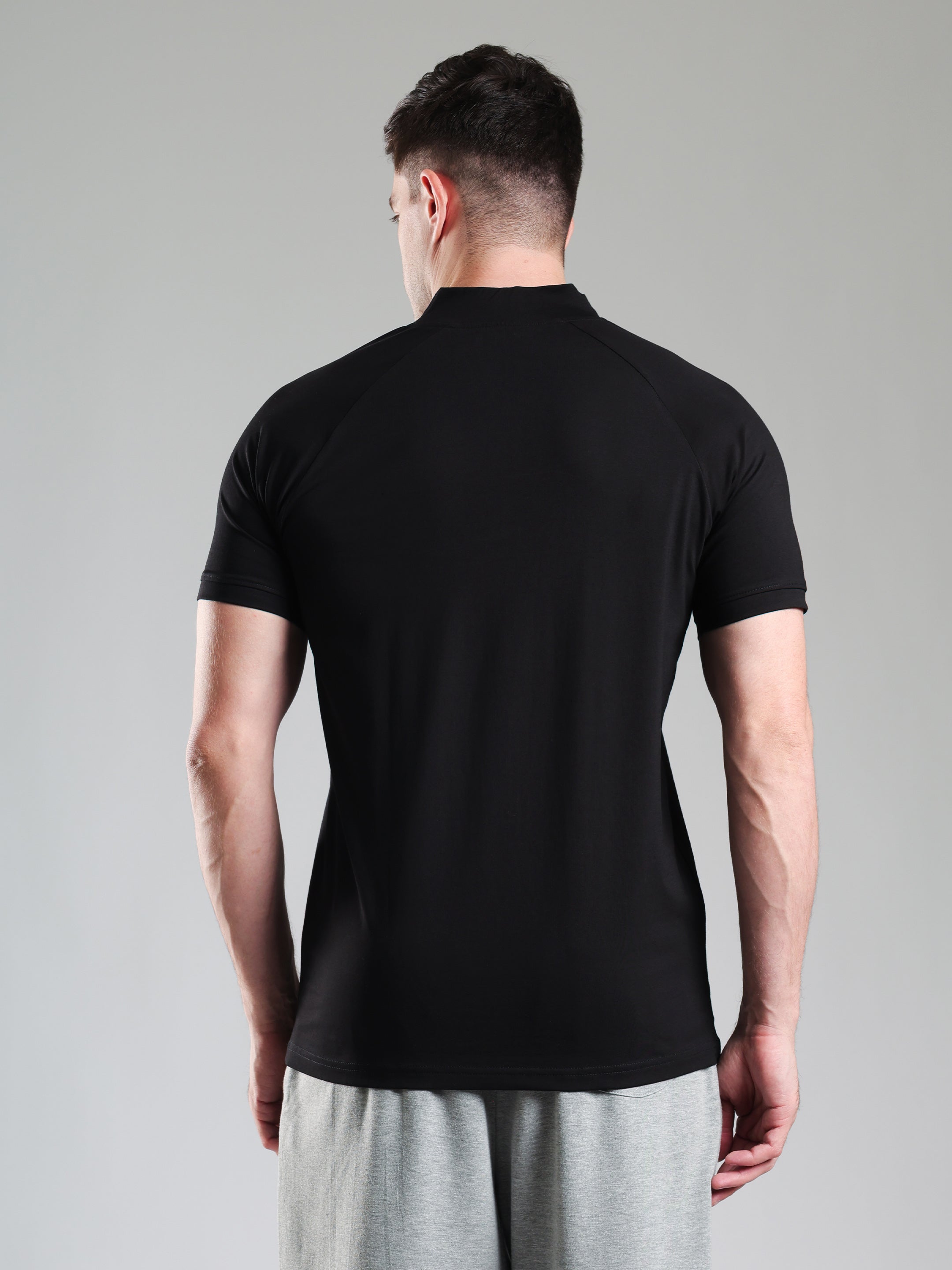 Raglan Quarter Zip Half Sleeves Tshirt Black