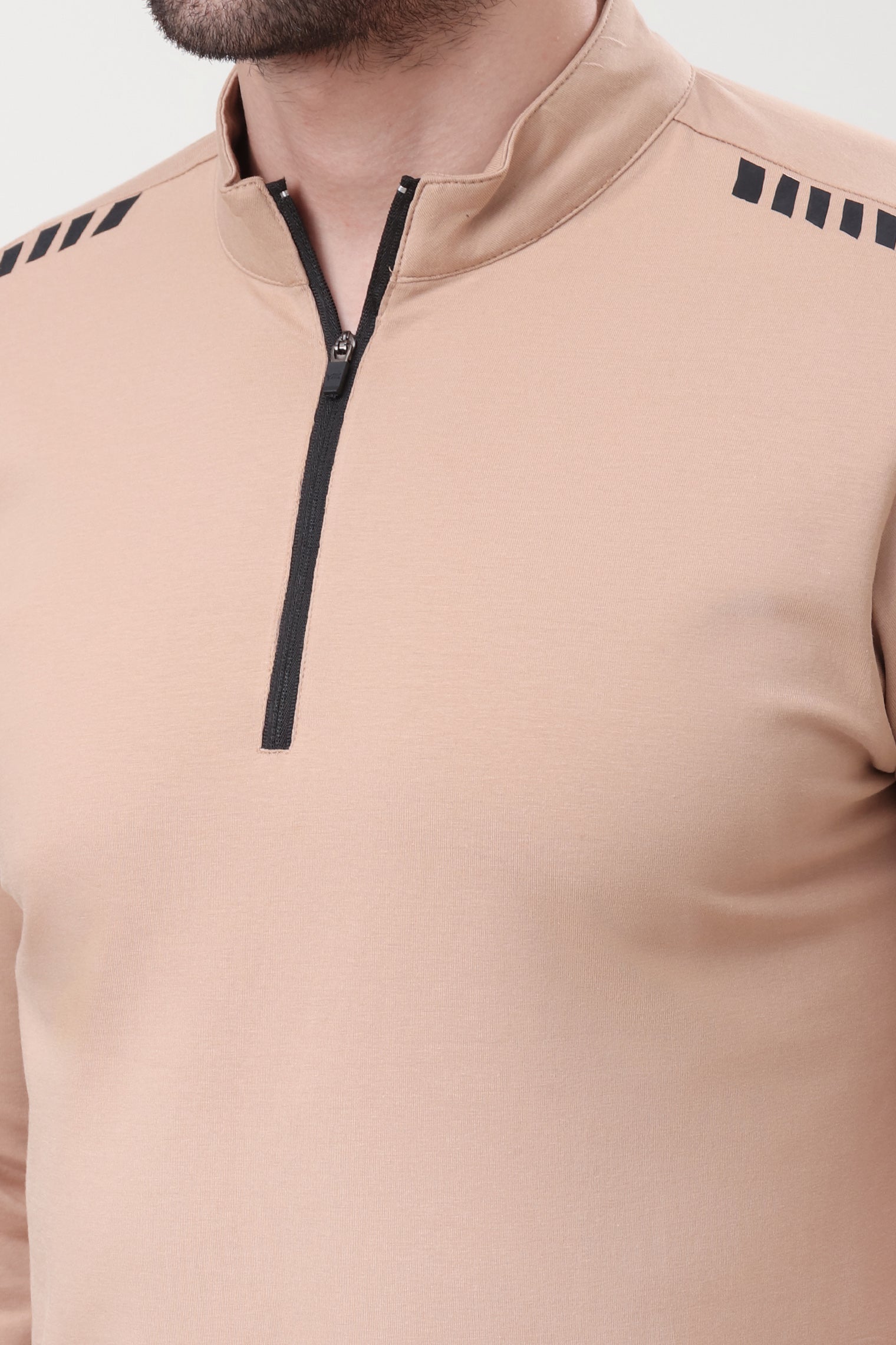 Quarter Zip Solid Full Sleeve T-Shirt (Cotton Feel) Skin