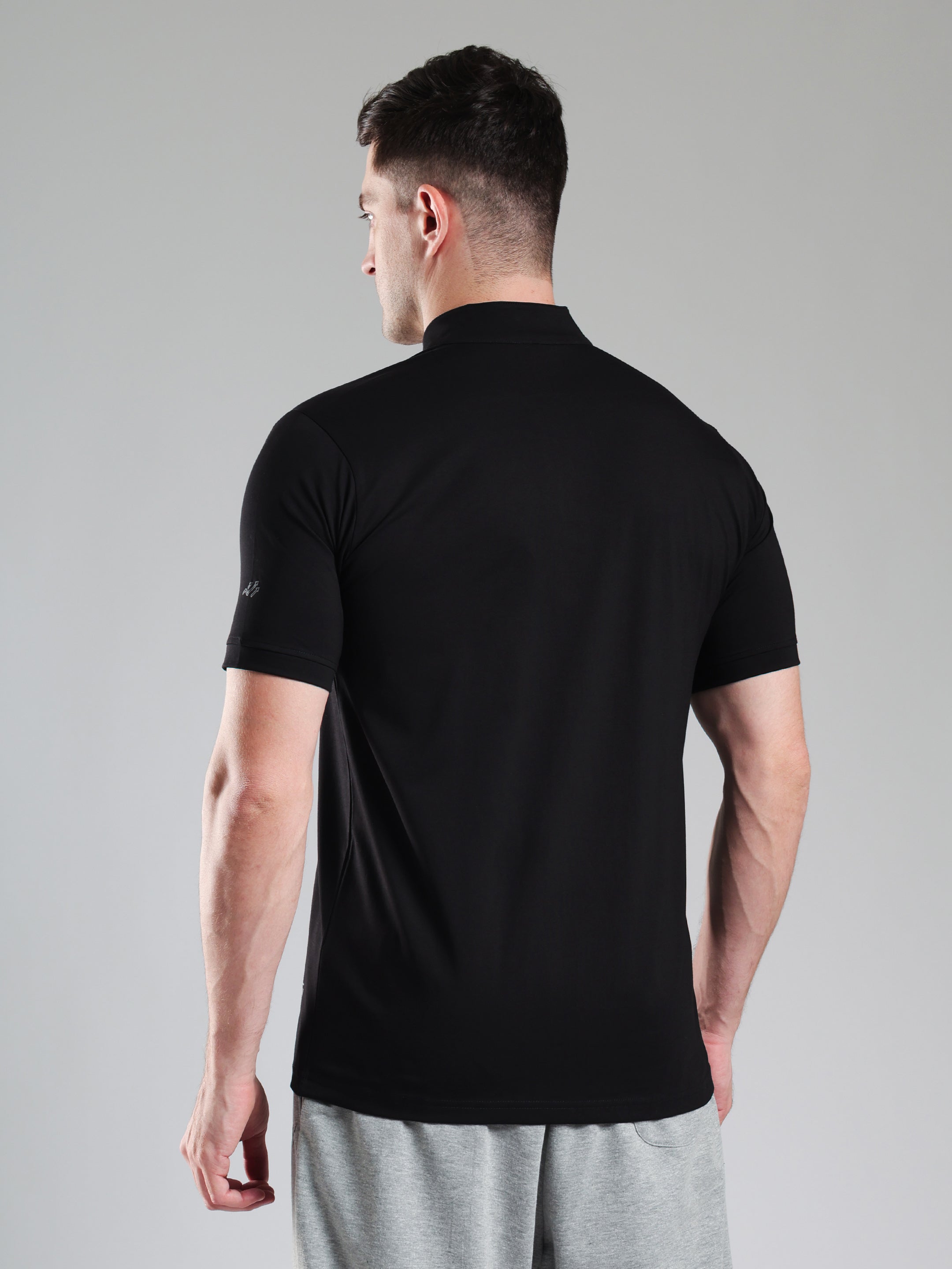 Quarter Zip Solid Half Sleeves Tshirt Black