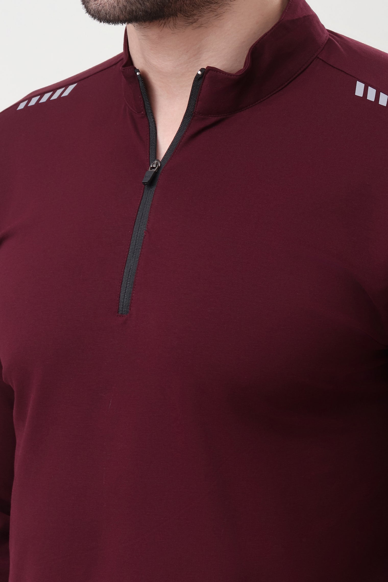 Quarter Zip Solid Full Sleeve T-Shirt (Cotton Feel) Wine
