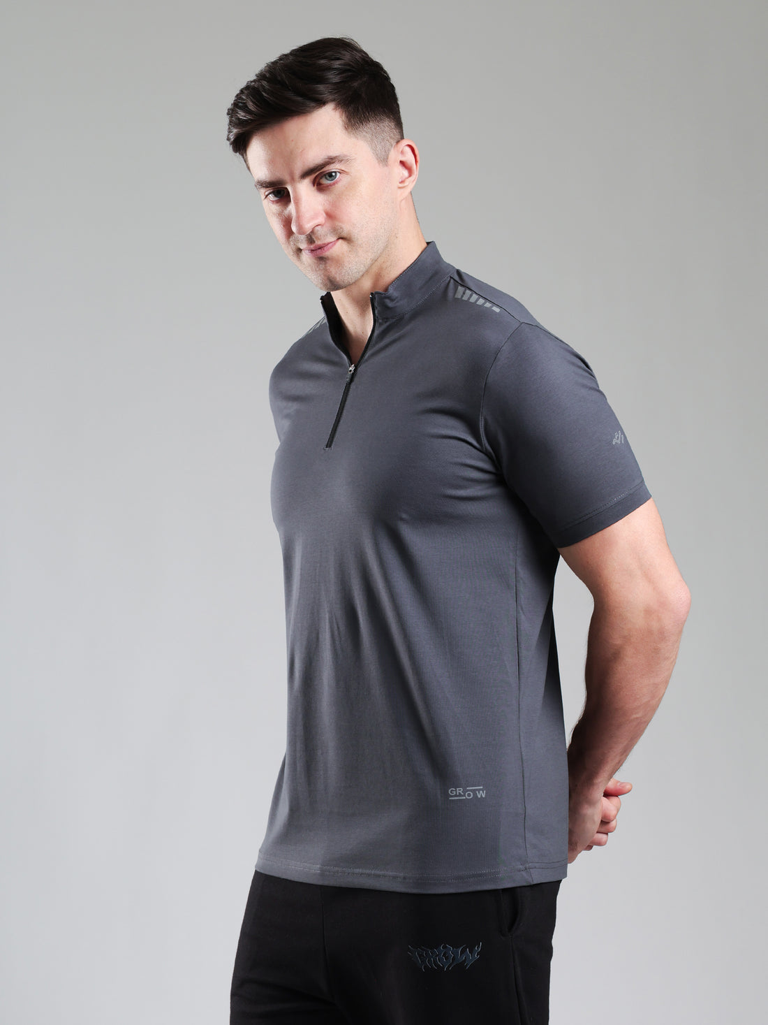 Quarter Zip Solid Half Sleeves Tshirt Dark Grey