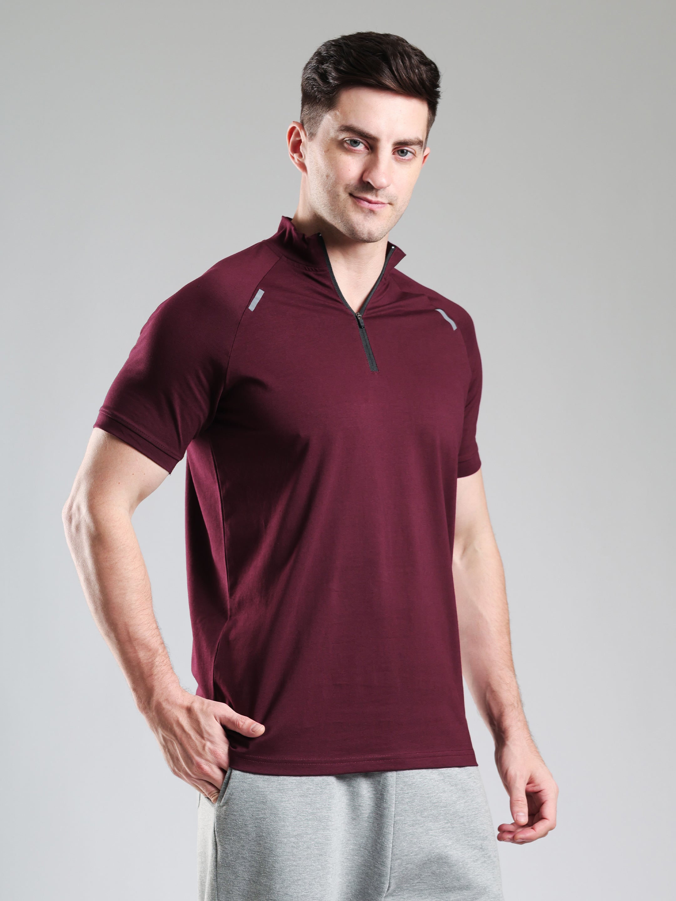 Raglan Quarter Zip Half Sleeves Tshirt Wine