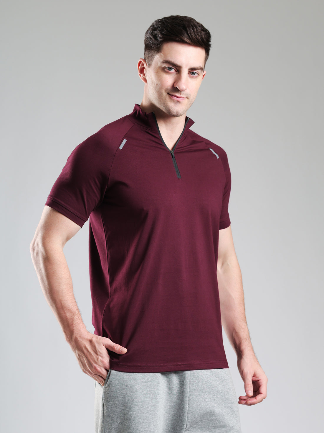 Raglan Quarter Zip Half Sleeves Tshirt Wine