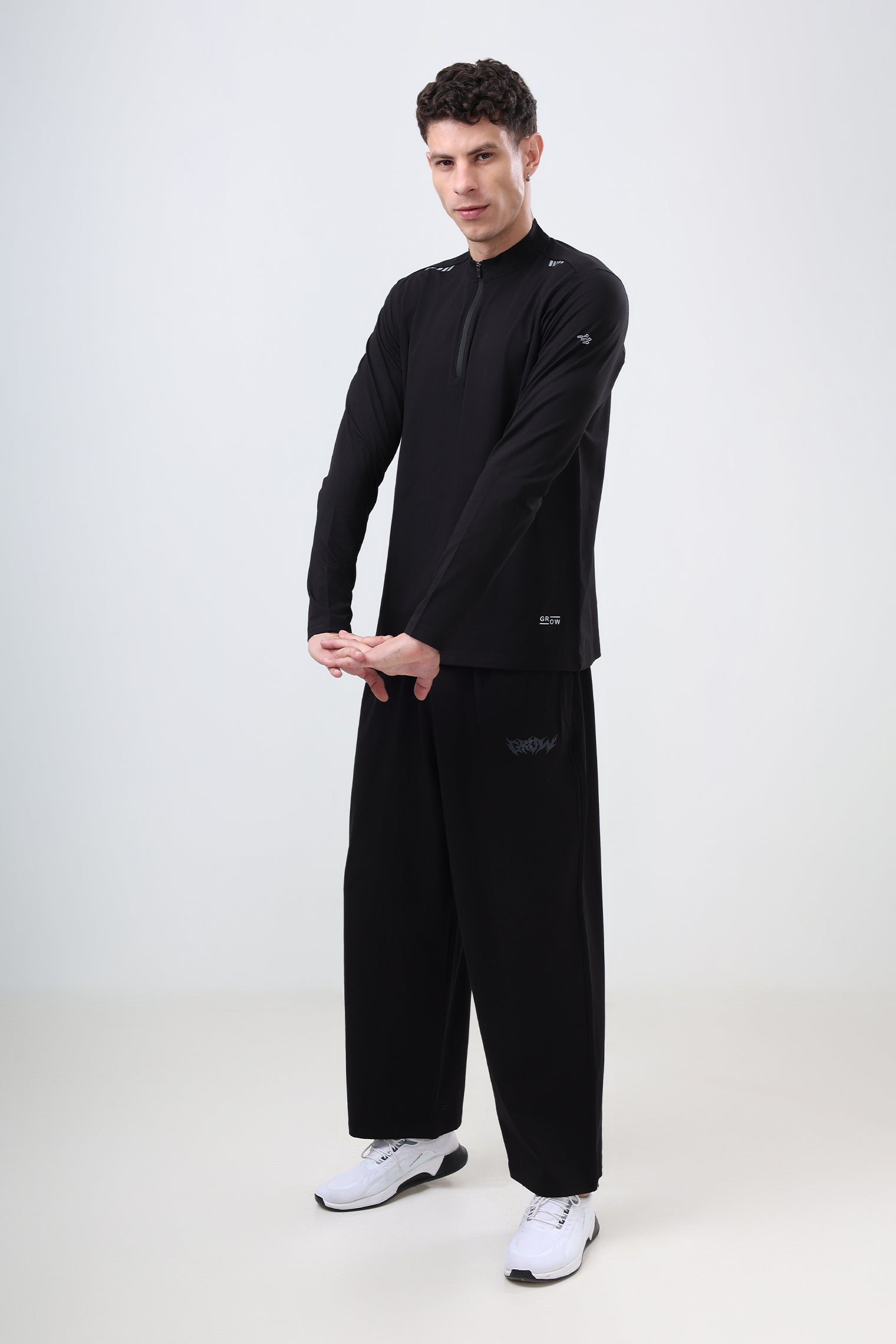 Quarter Zip Solid Full Sleeve T-Shirt (Cotton Feel) Black