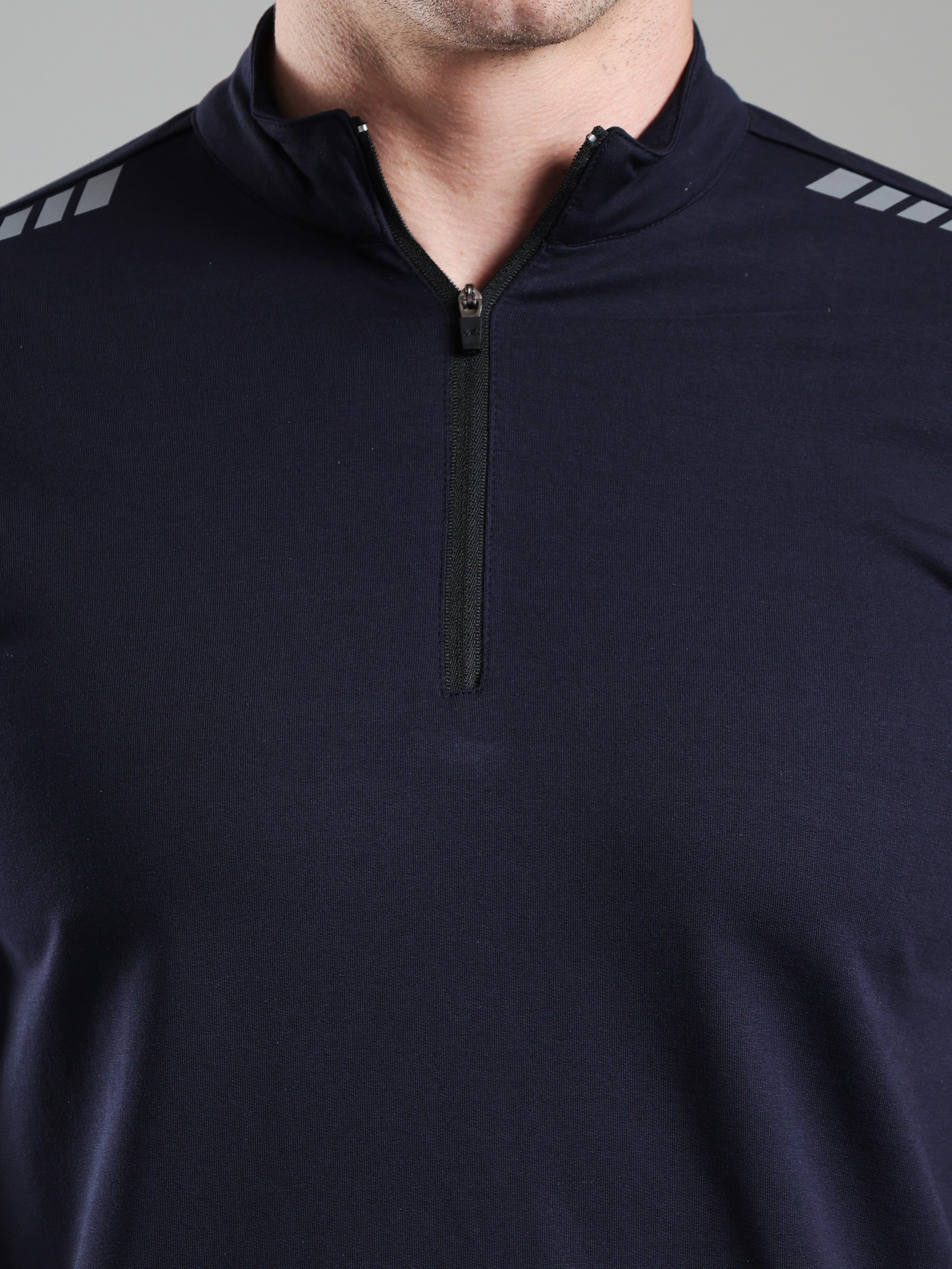 Quarter Zip Solid Half Sleeves Tshirt Navy