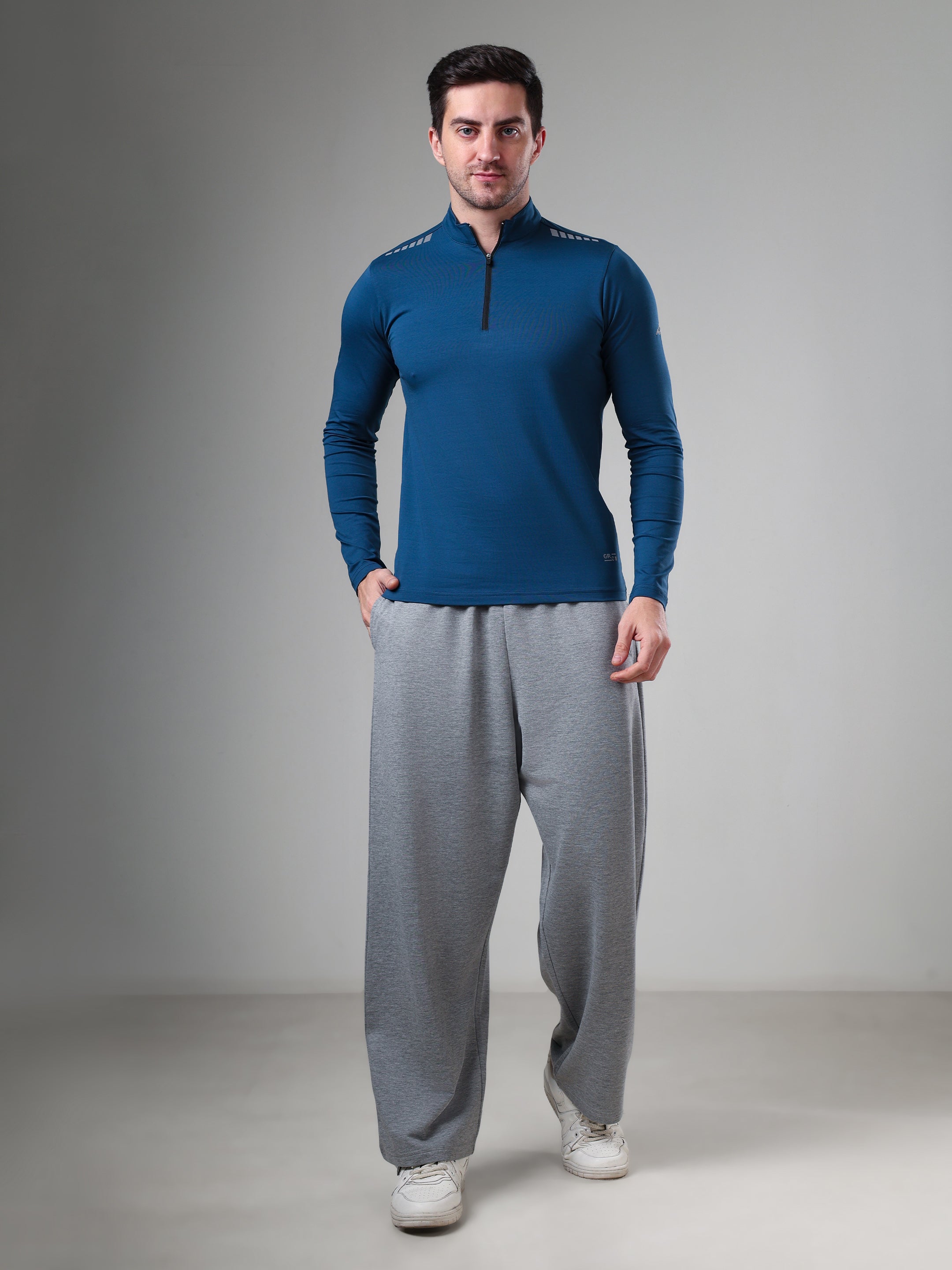 Quarter Zip Solid Full Sleeve T-Shirt (Cotton Feel) Airforce