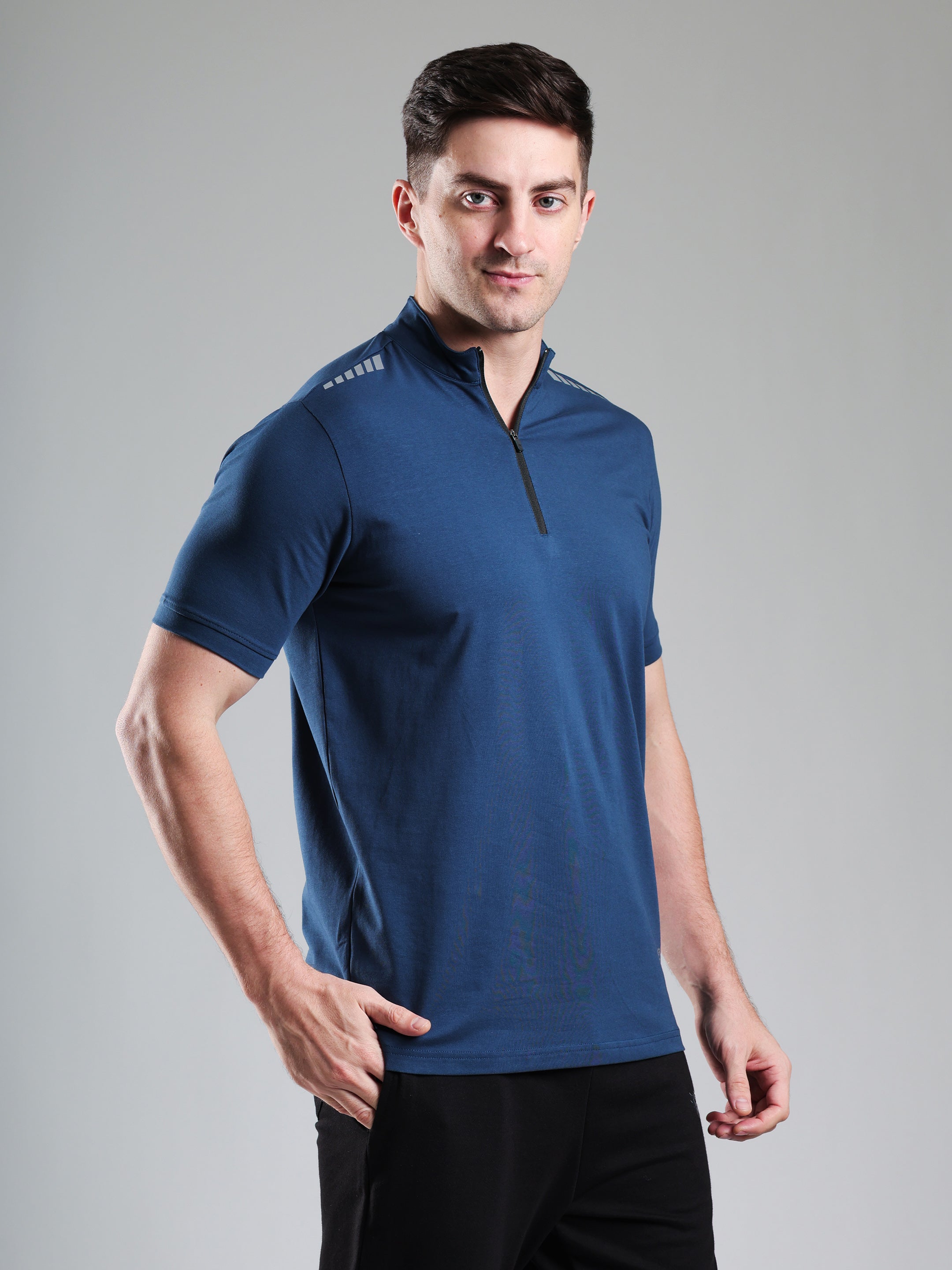 Quarter Zip Solid Half Sleeves Tshirt Airforce