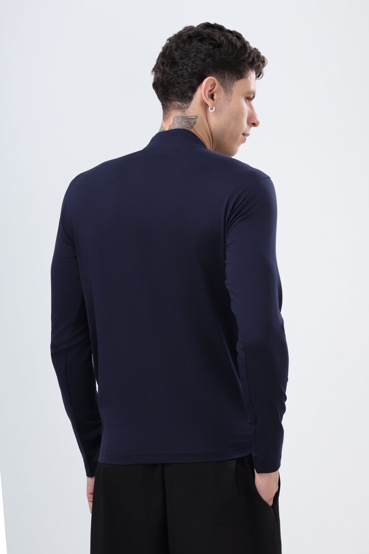 Quarter Zip Solid Full Sleeve T-Shirt (Cotton Feel) Navy