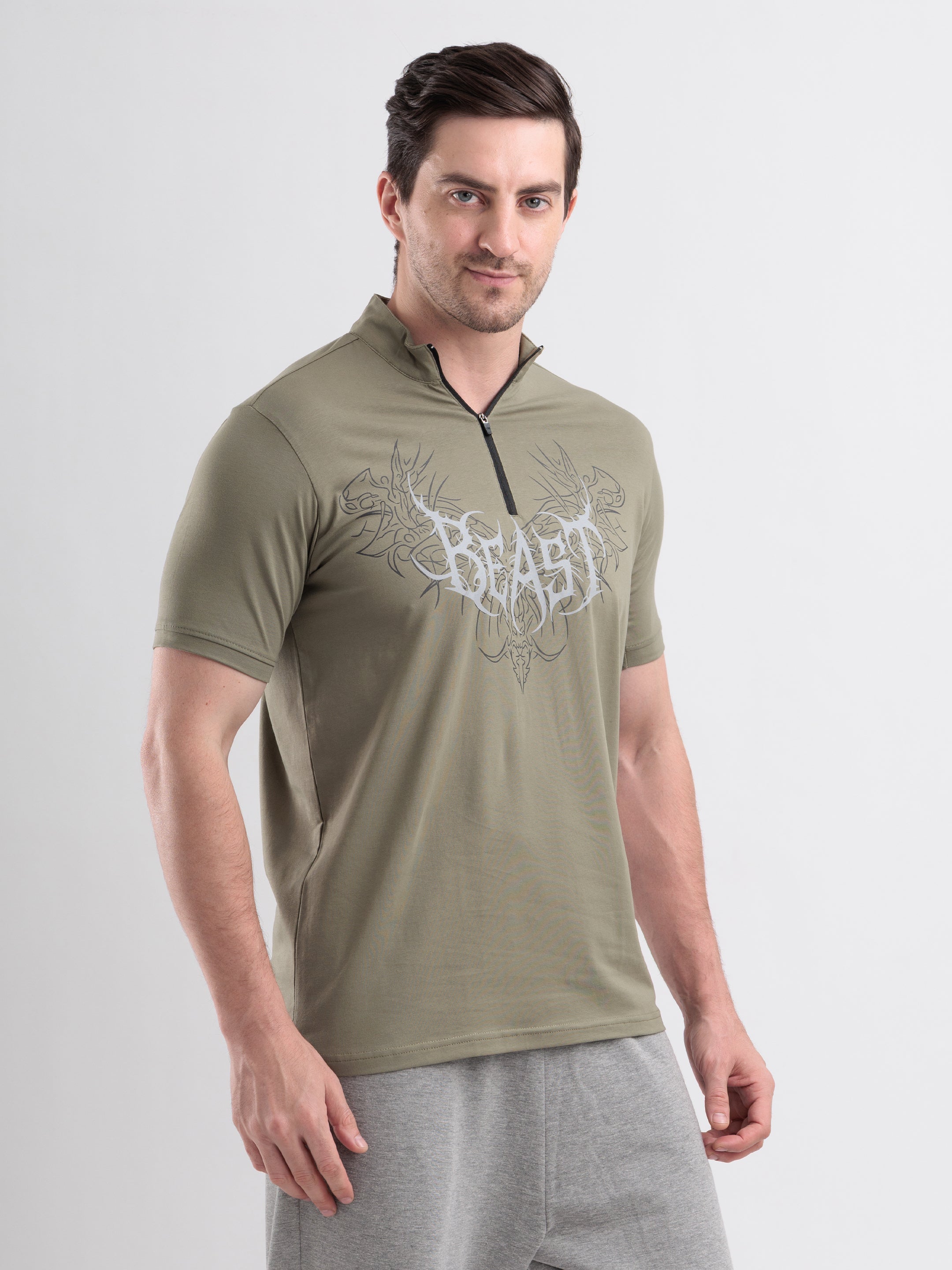 Beast Quarter Zip Tshirt Mid Grey