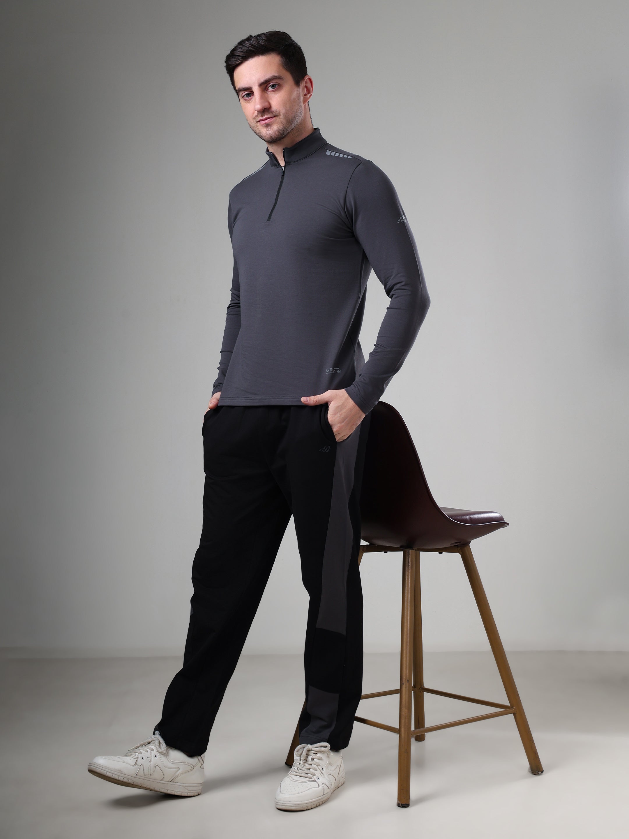 Quarter Zip Solid Full Sleeve T-Shirt (Cotton Feel) Dark Grey