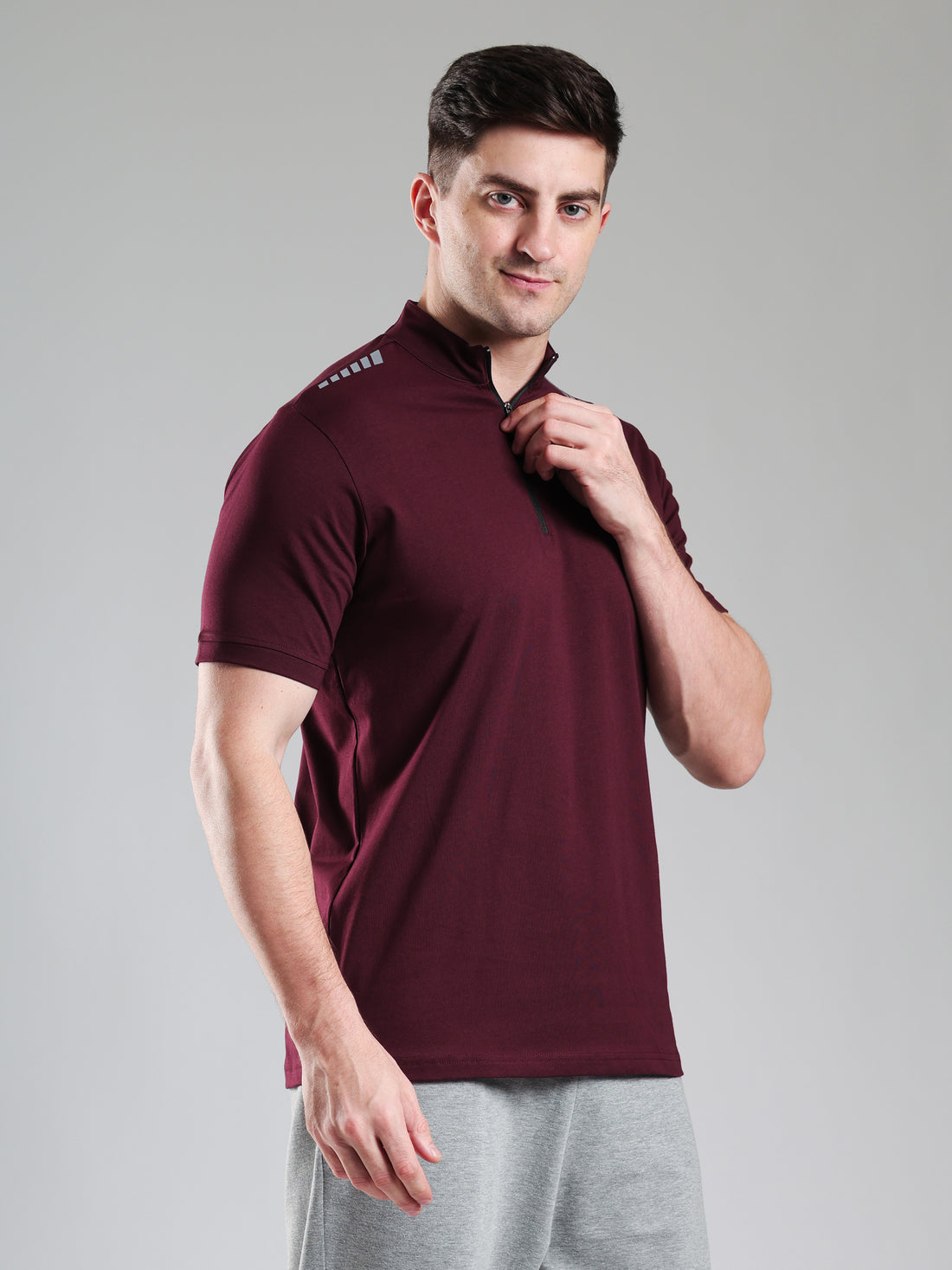 Quarter Zip Solid Half Sleeves Tshirt Wine