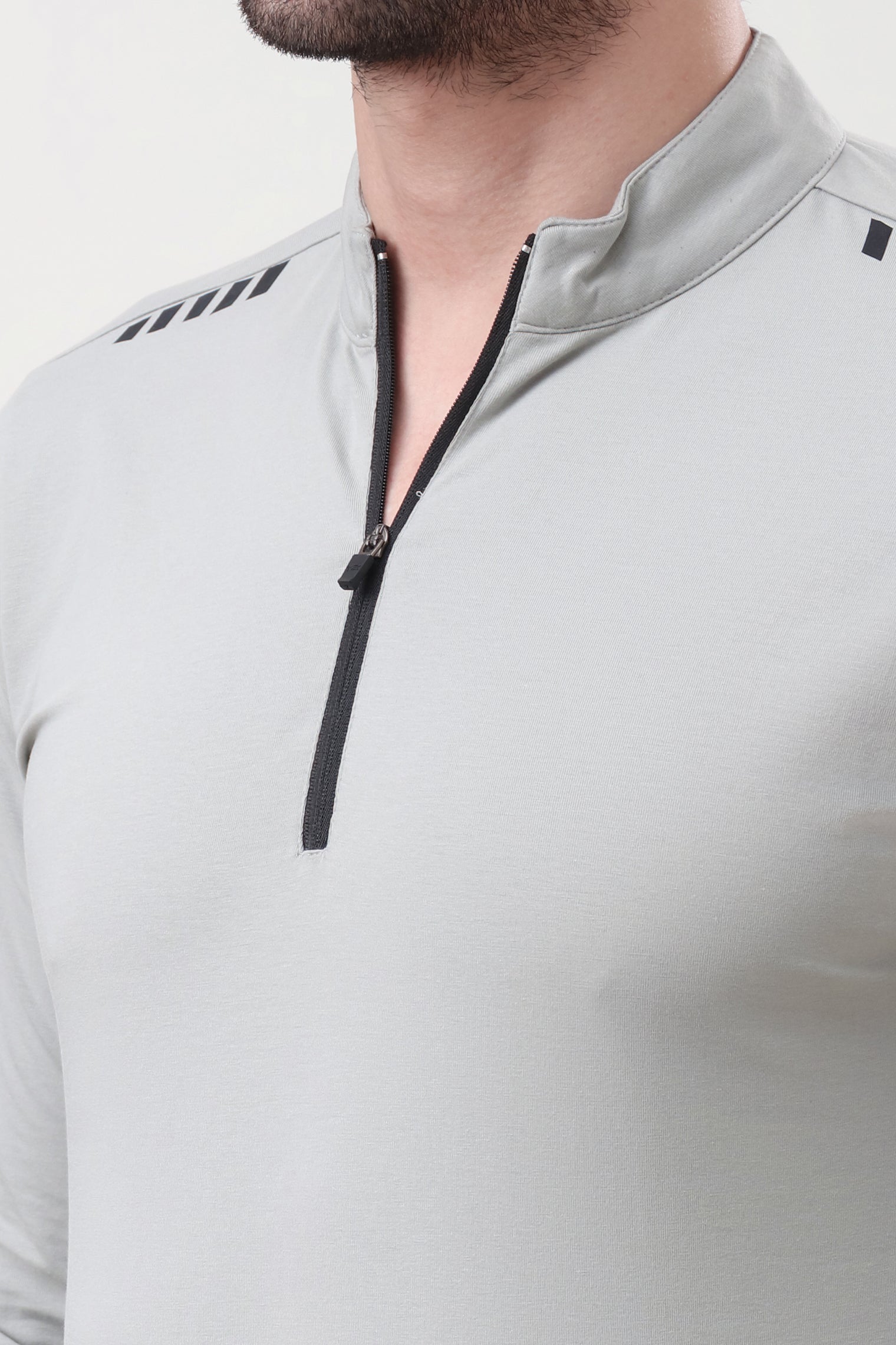 Quarter Zip Solid Full Sleeve T-Shirt (Cotton Feel) Light Grey