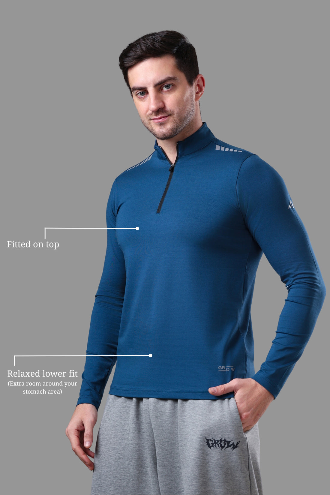 Quarter Zip Solid Full Sleeve T-Shirt (Cotton Feel) Airforce