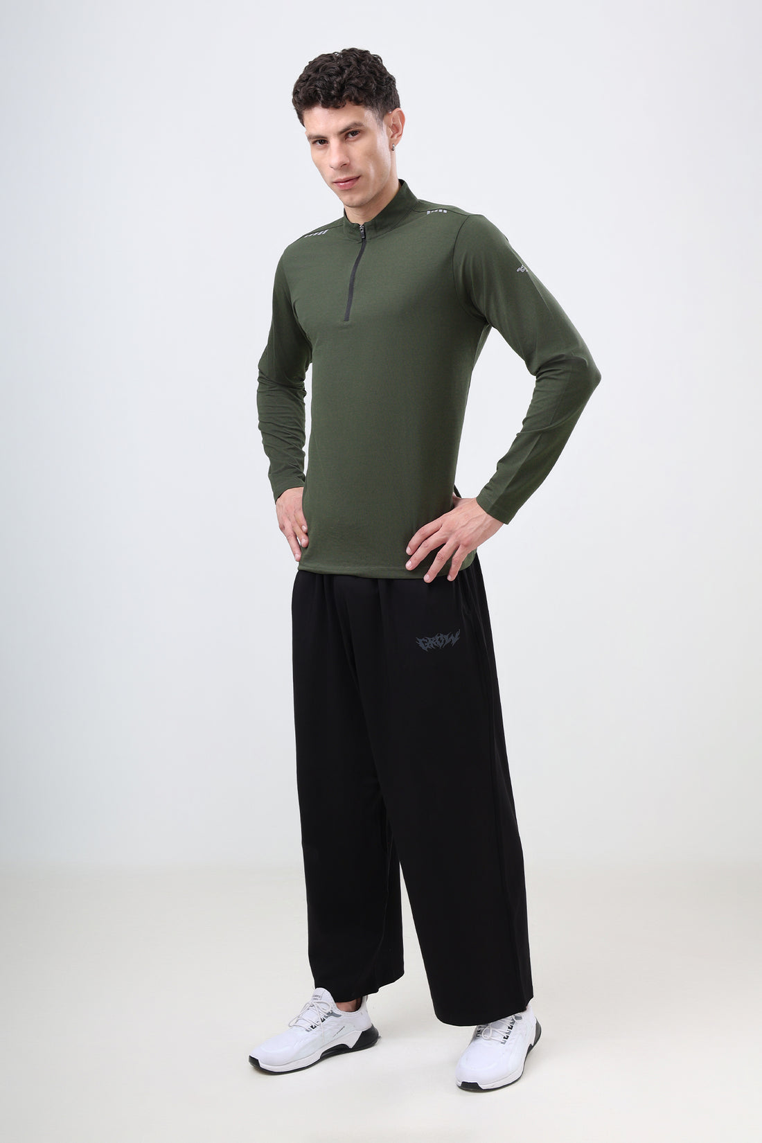 Quarter Zip Solid Full Sleeve T-Shirt (Cotton Feel) Olive